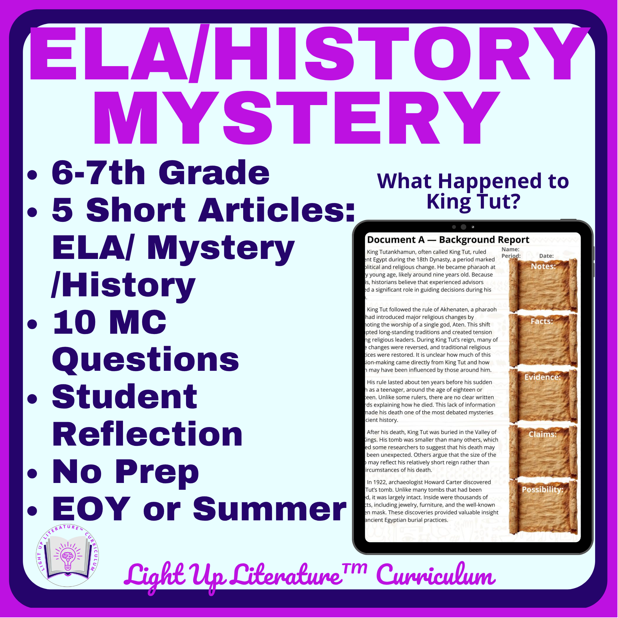 ELA History Mystery: King Tut Case File 6th–7th Grade Reading Comprehension