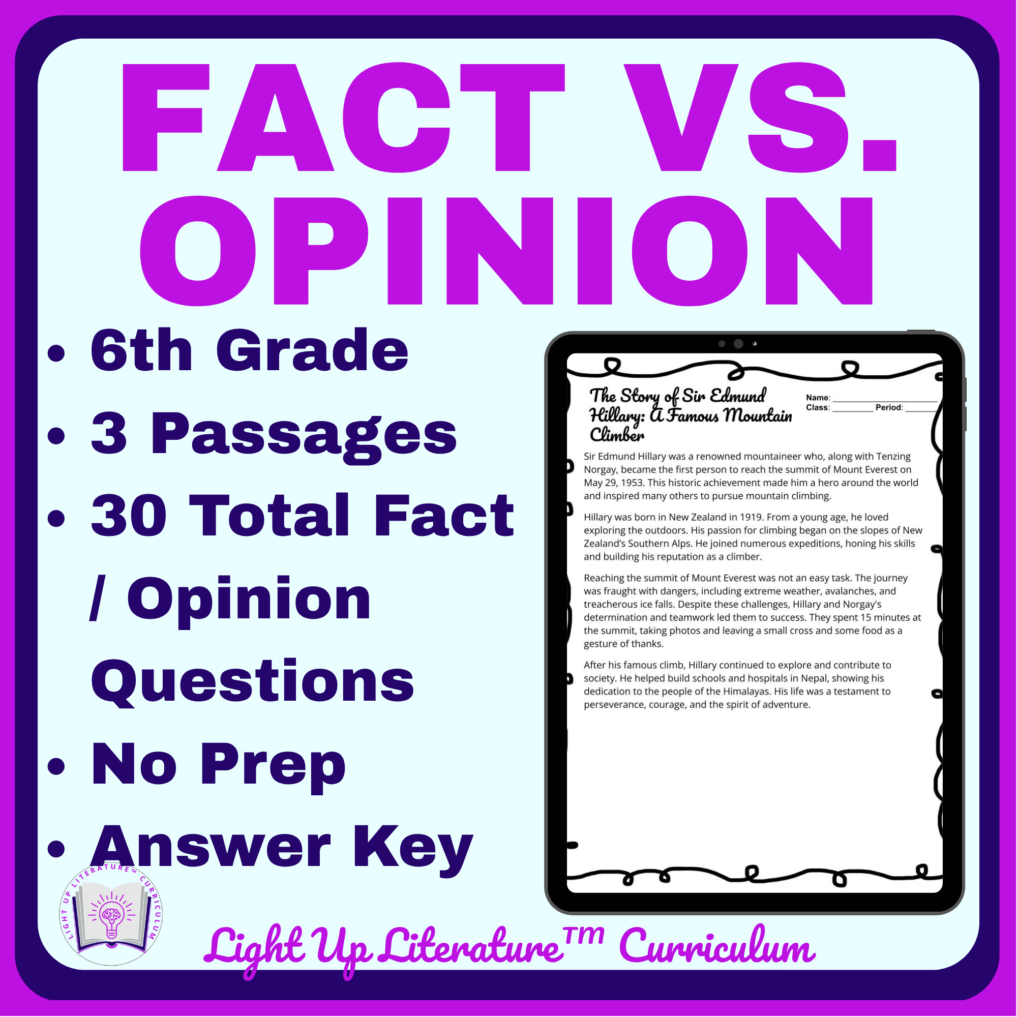 6th Grade Fact vs. Opinion | Nonfiction Passages + Writing | Light Up Literature