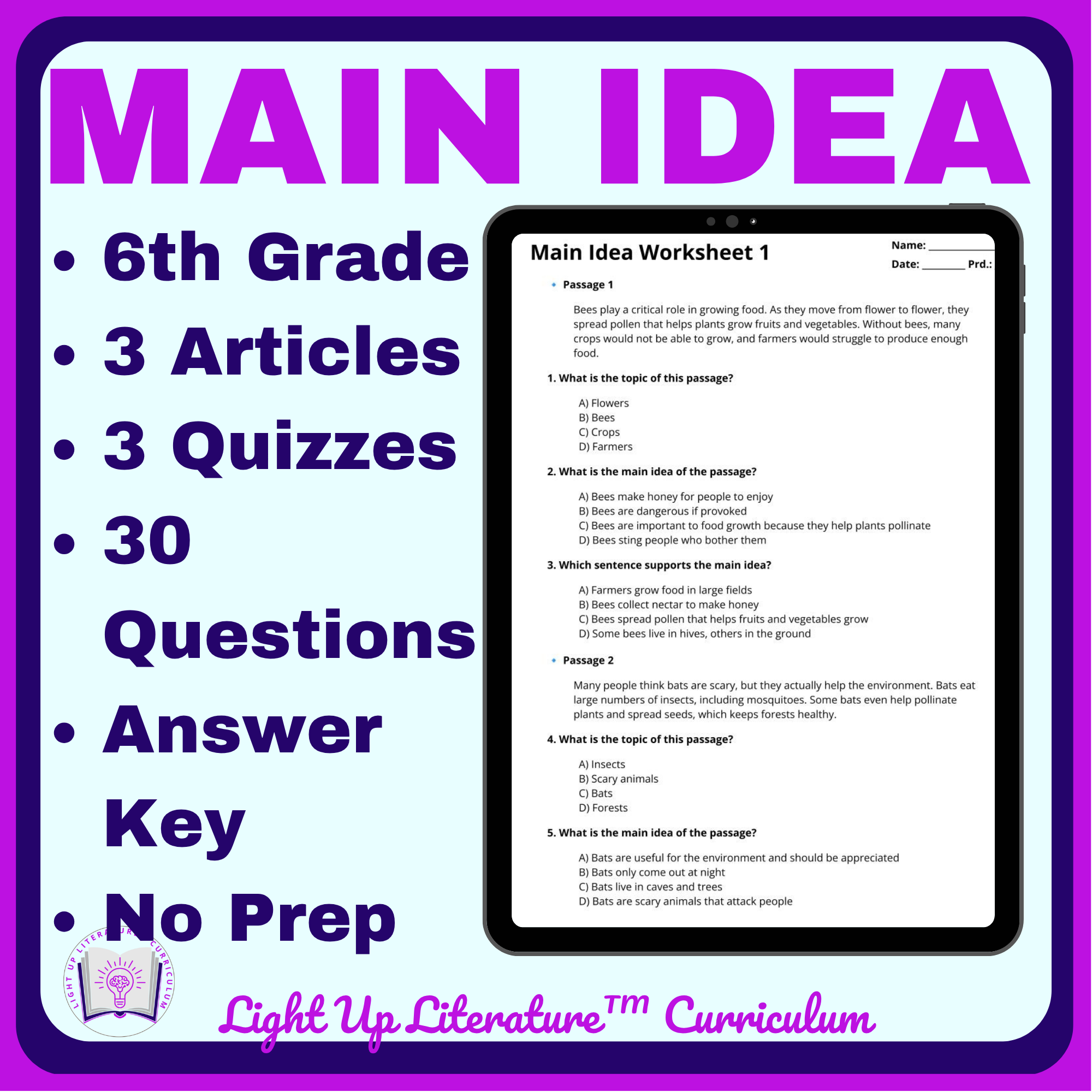 6th Grade Main Idea Worksheets | RI.6.2 Nonfiction Passages, Graphic Organizers & Video Links