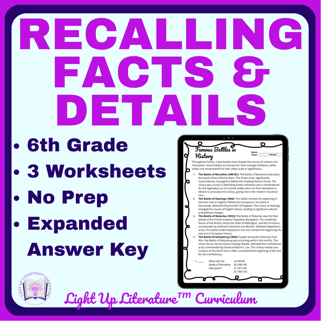 6th Grade Recalling Facts & Details Worksheets | Light Up Literature