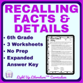 6th Grade Recalling Facts & Details Worksheets | Light Up Literature