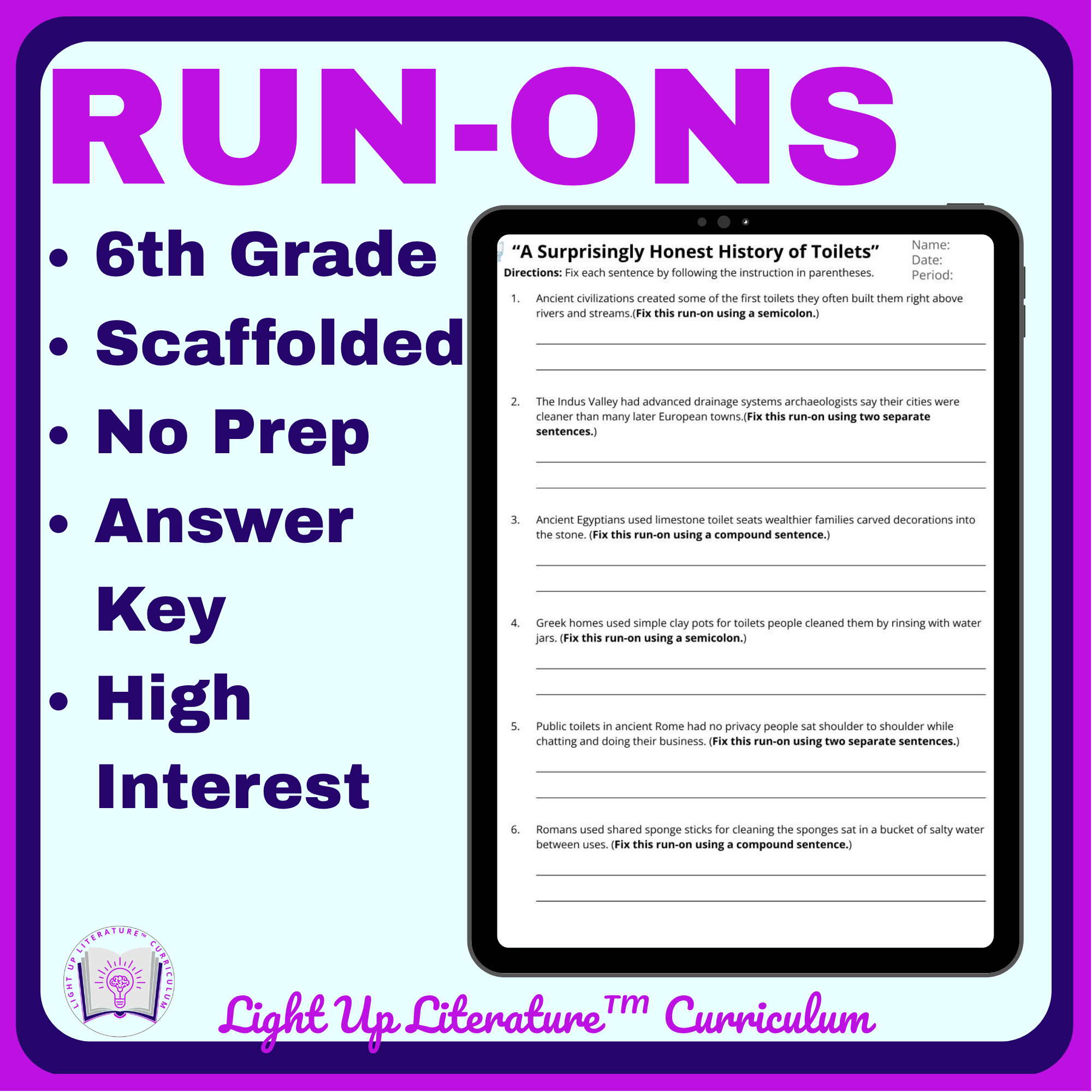 6th Grade Run-On Sentence Worksheets | 60 Nonfiction Sentences | Light Up Literature