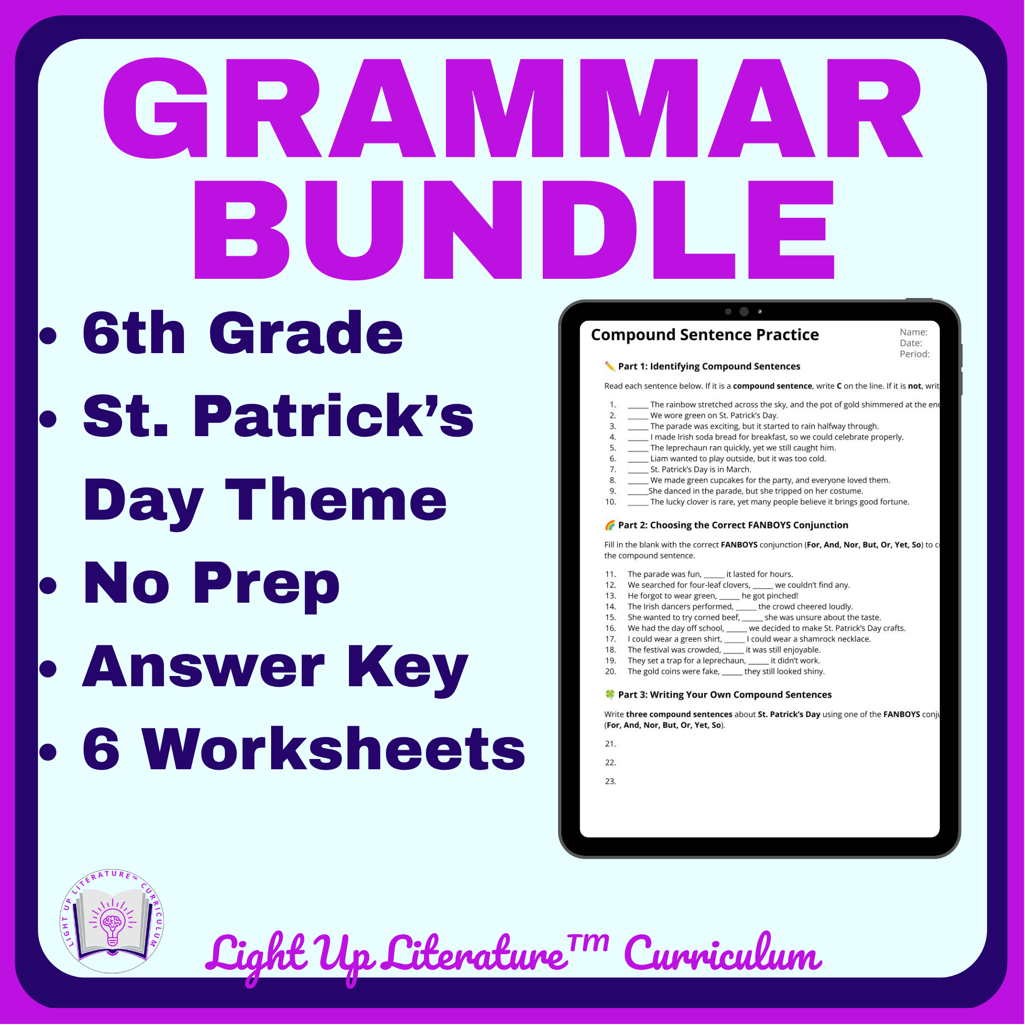 St. Patrick's Day Grammar Packet | No-Prep 6th Grade ELA | 6 Worksheets + Answer Keys