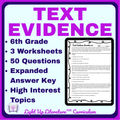 6th Grade Text Evidence Worksheets | No-Prep ELA Passages | Light Up Literature