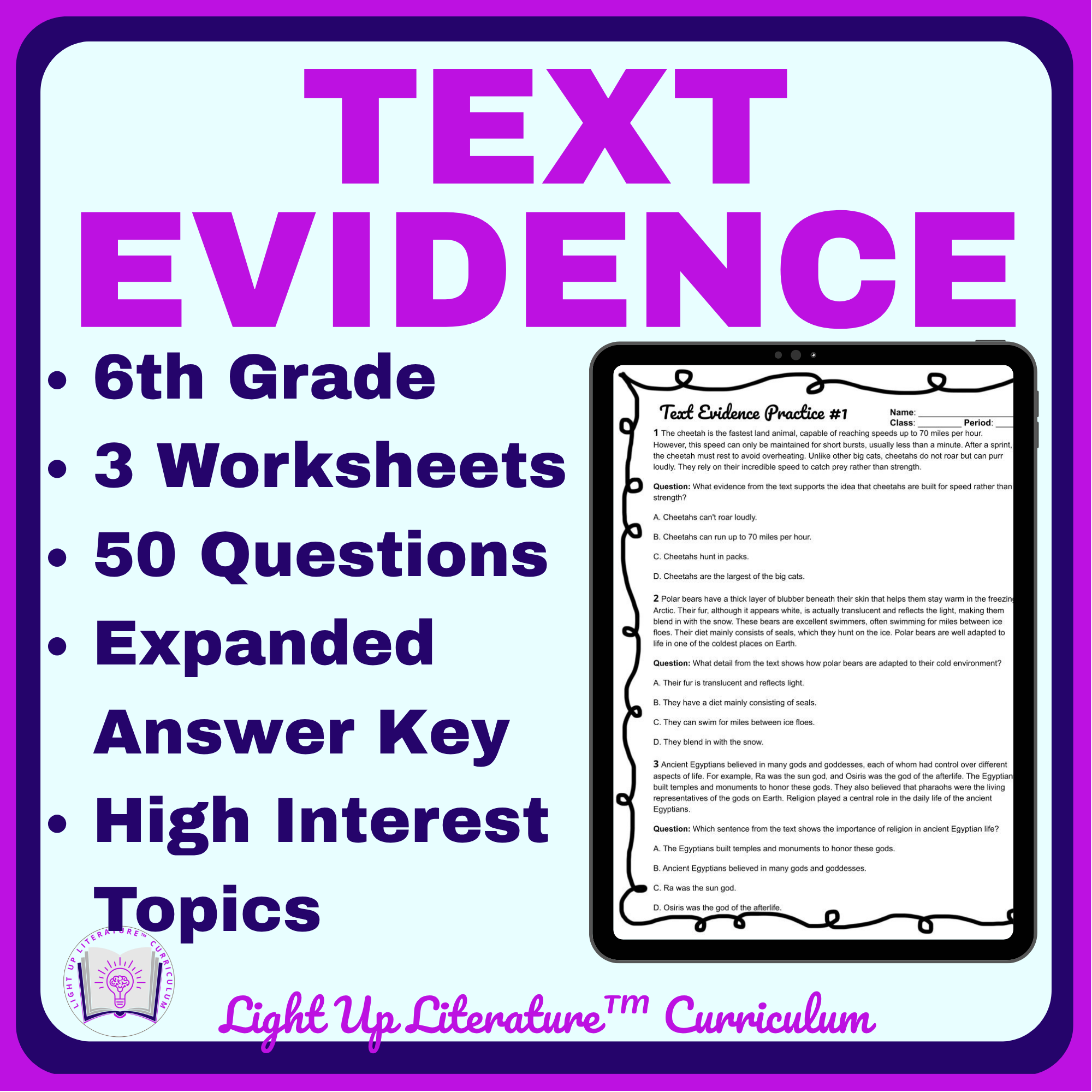 6th Grade Text Evidence Worksheets | No-Prep ELA Passages | Light Up Literature