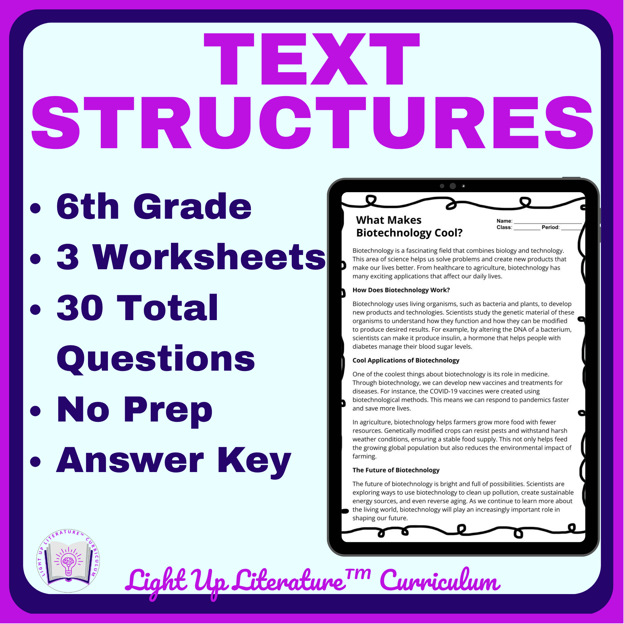 6th Grade Text Structures Worksheets | Nonfiction Passages | No-Prep ELA | RI.6.5