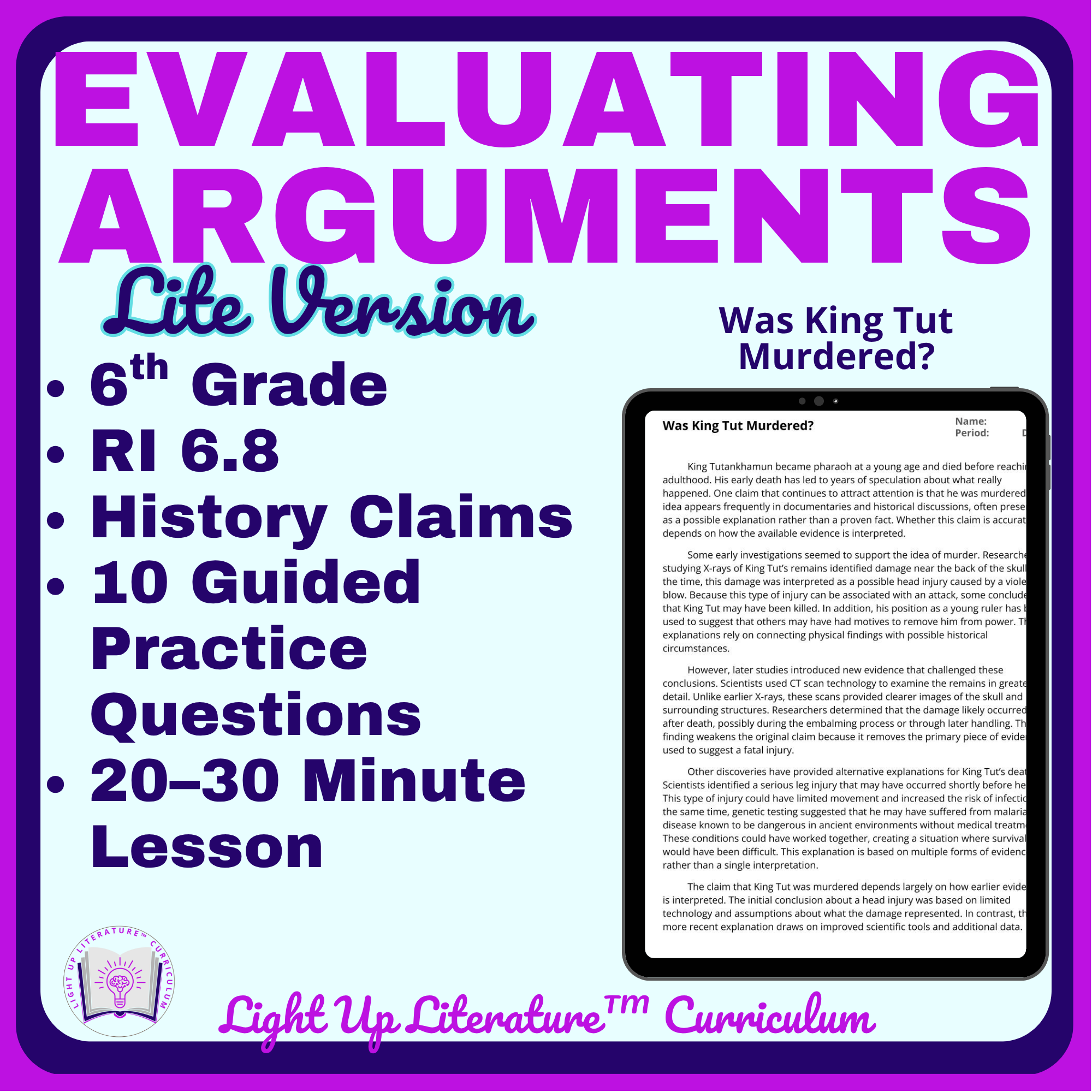 6th grade RI.6.8 evaluating arguments practice History Claim King Tut No Prep