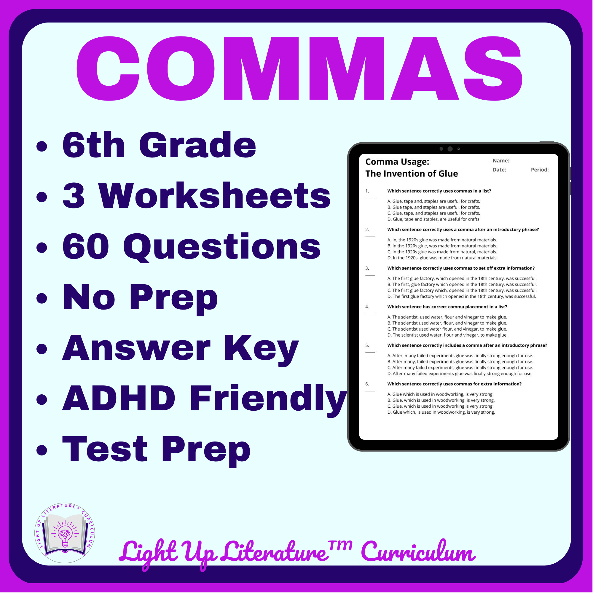 6th Grade Comma Practice Worksheets | Grammar Test Prep | No-Prep PDF | ADHD Friendly