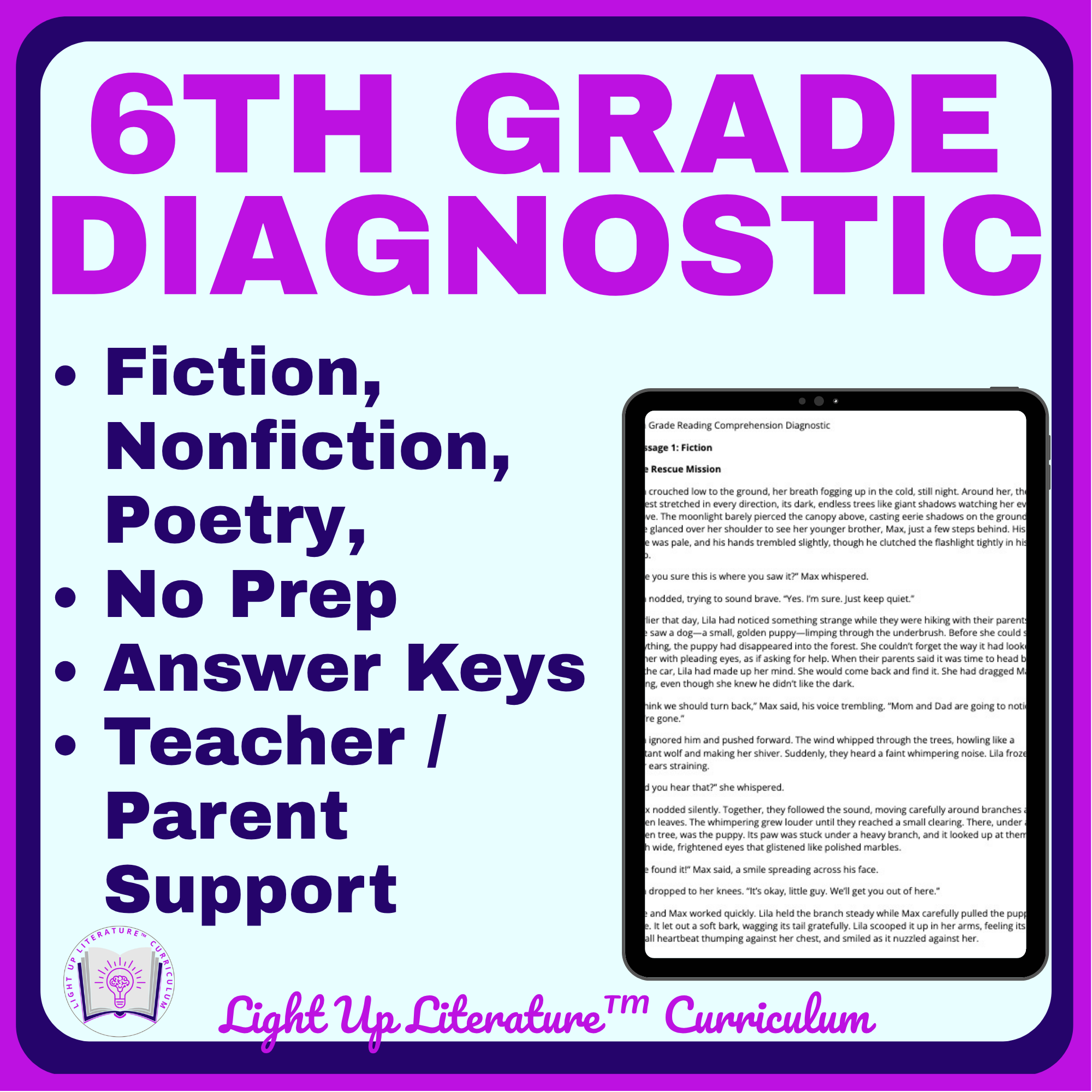 6th Grade Reading Comprehension Diagnostic | Fiction, Nonfiction & Poetry | Common Core Aligned