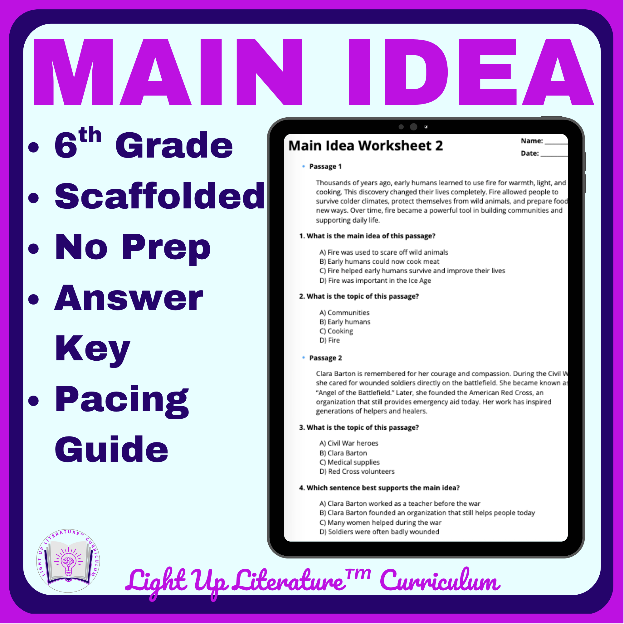 6th Grade Main Idea Worksheets, Assessment & Pacing Guide