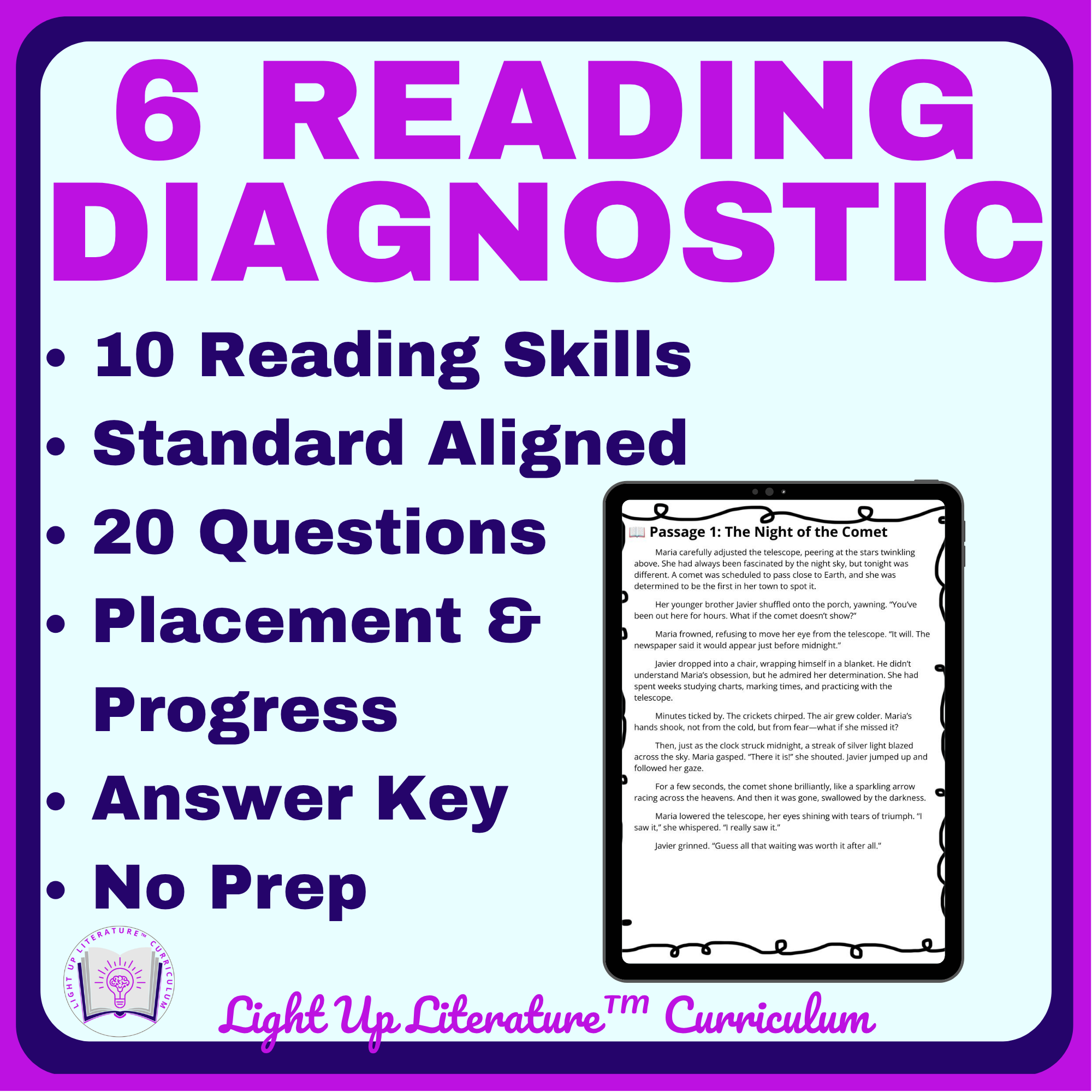 6th Grade Reading Diagnostic Test | Fiction & Nonfiction Placement Guide & Skills Checklist