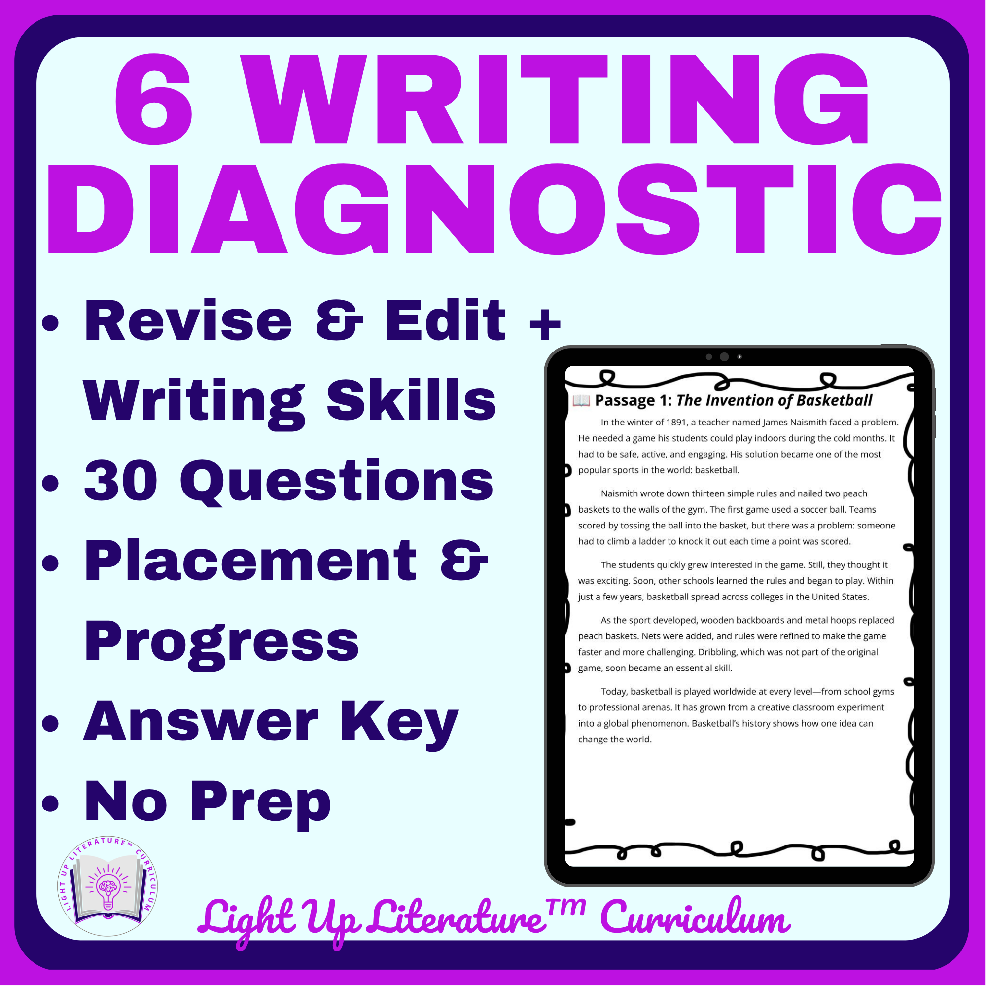 6th Grade Writing Diagnostic Test | 30 Questions + Key | Light Up Literature