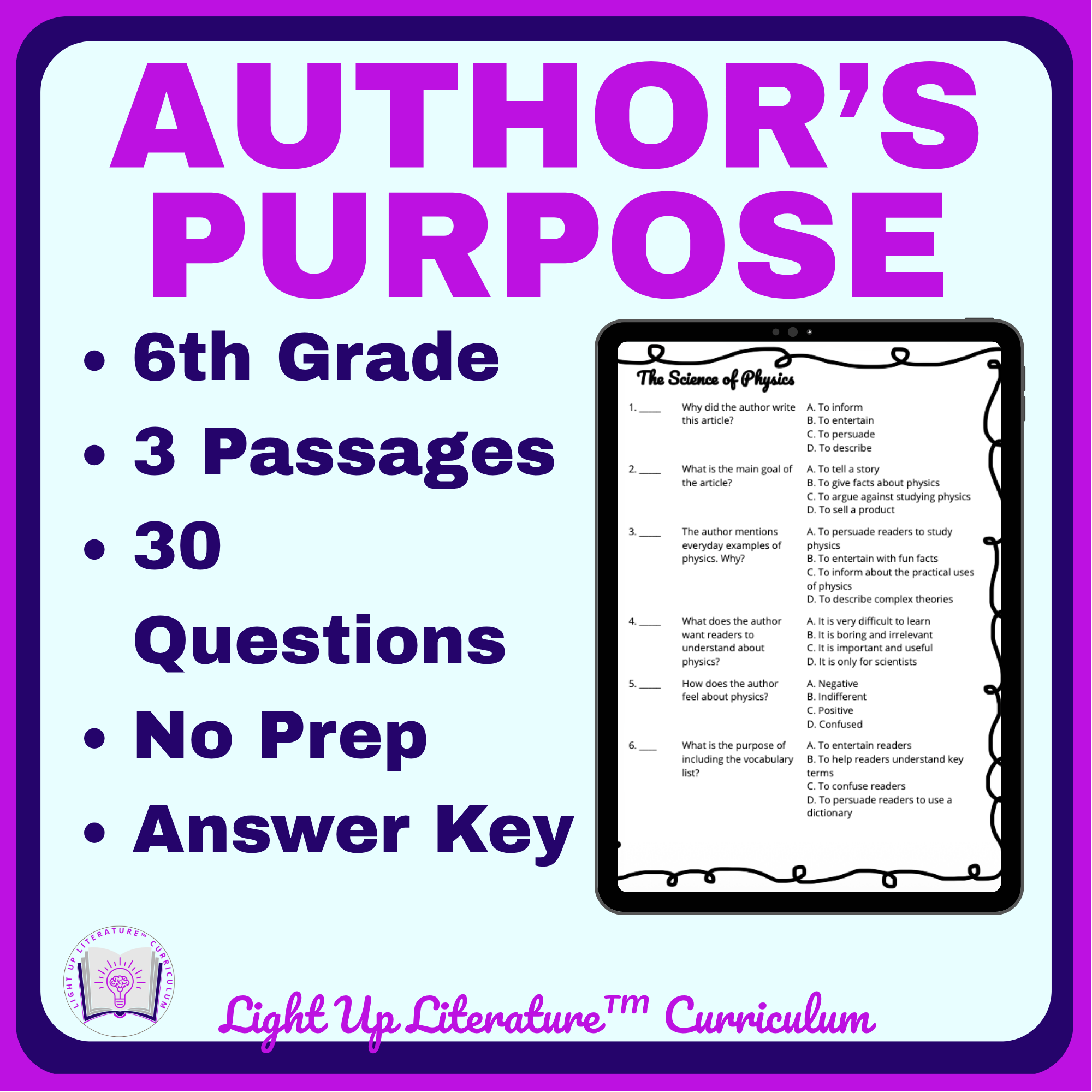 6th Grade Author's Purpose Worksheets | No-Prep ELA Nonfiction Passages | RI.6.6
