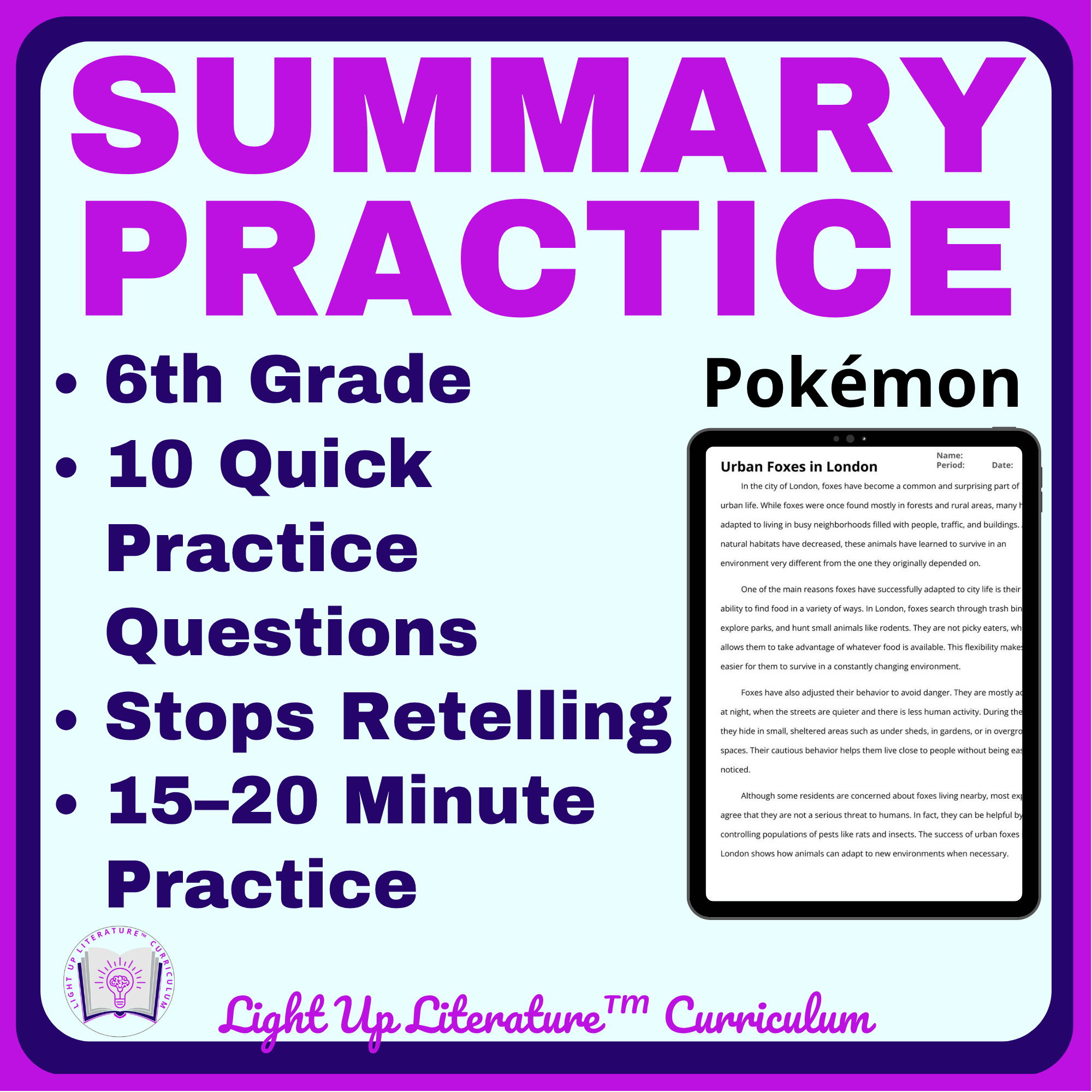 6th Grade Summarizing Practice Central Idea & Key Details Reading Test Prep Pokemon