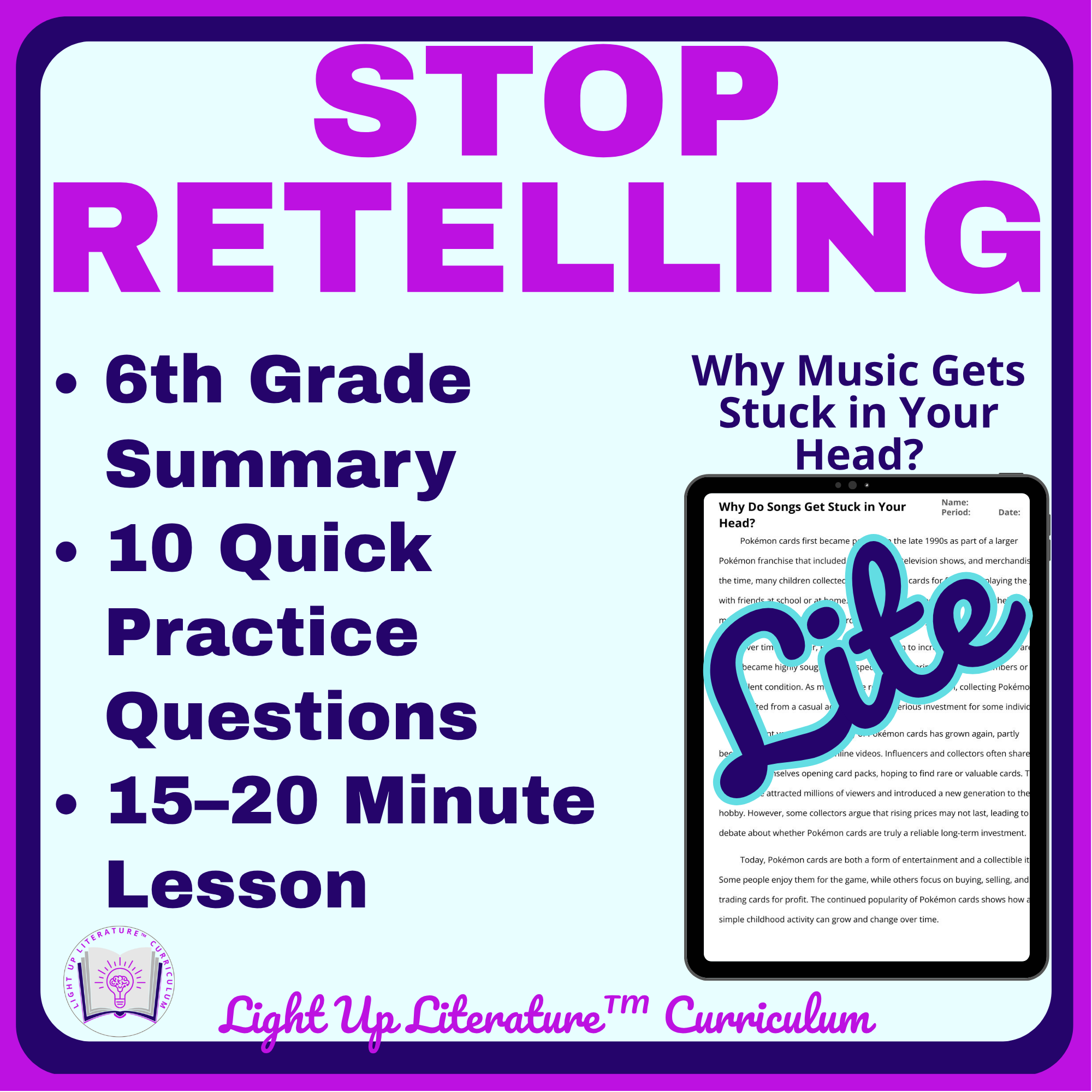 6th Grade Summary Practice Central Idea and Key Details Reading Comprehension Music Structure in Your Head