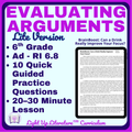 6th Grade Evaluating Arguments Practice RI.6.8 Ads & Claims No Prep ELA