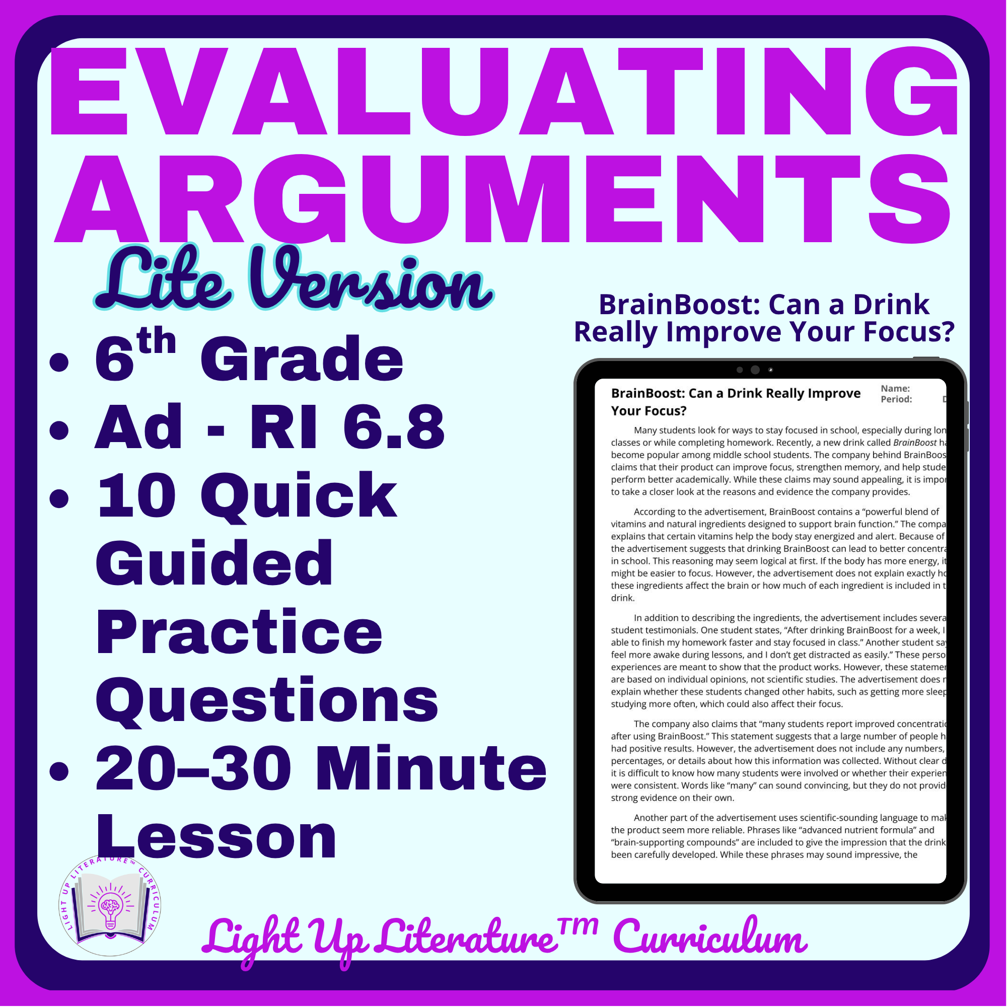 6th Grade Evaluating Arguments Practice RI.6.8 Ads & Claims No Prep ELA
