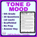 6th Grade Tone & Mood Worksheets | Nonfiction Reading Passages & Answer Keys | No-Prep ELA Test Prep