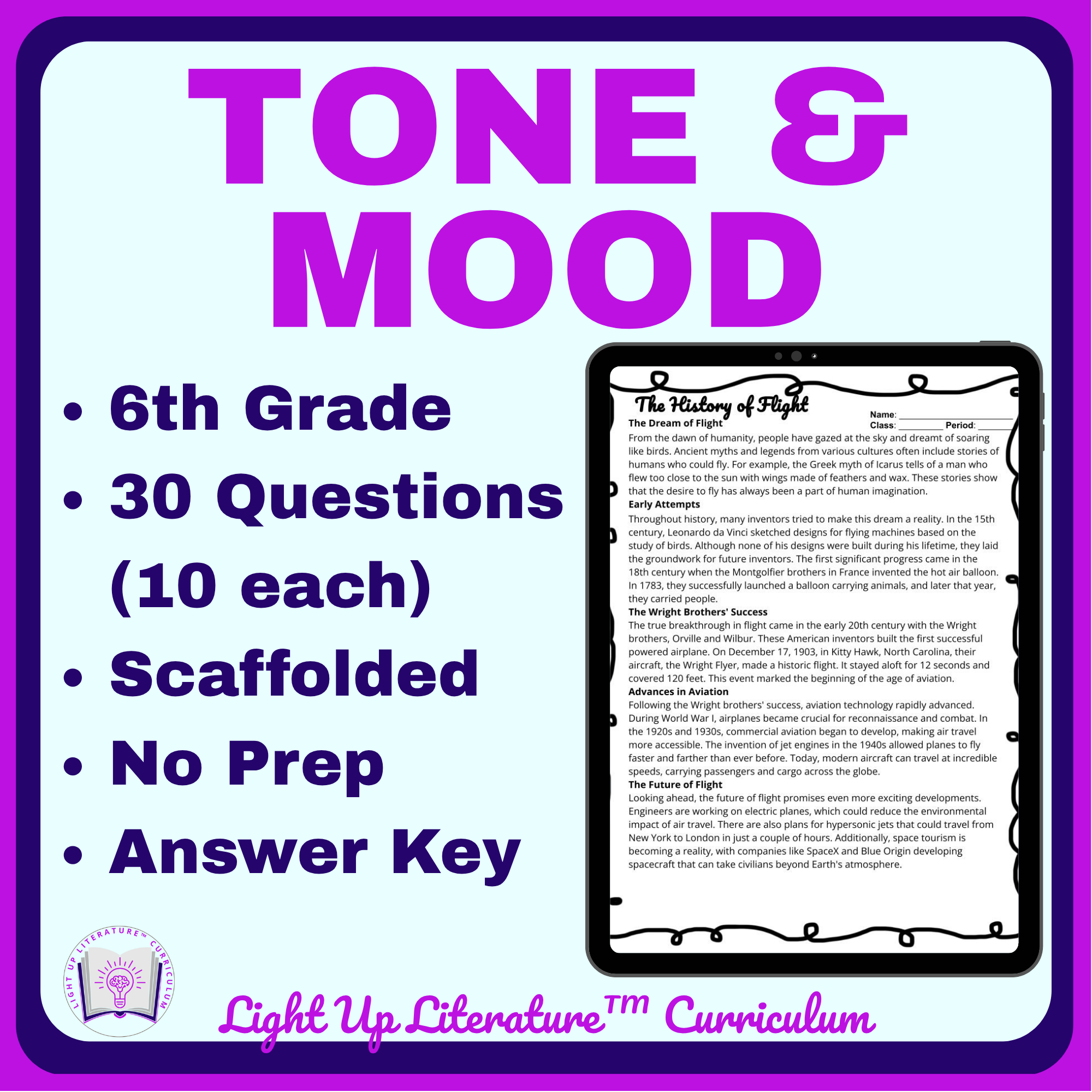 6th Grade Tone & Mood Worksheets | Nonfiction Reading Passages & Answer Keys | No-Prep ELA Test Prep