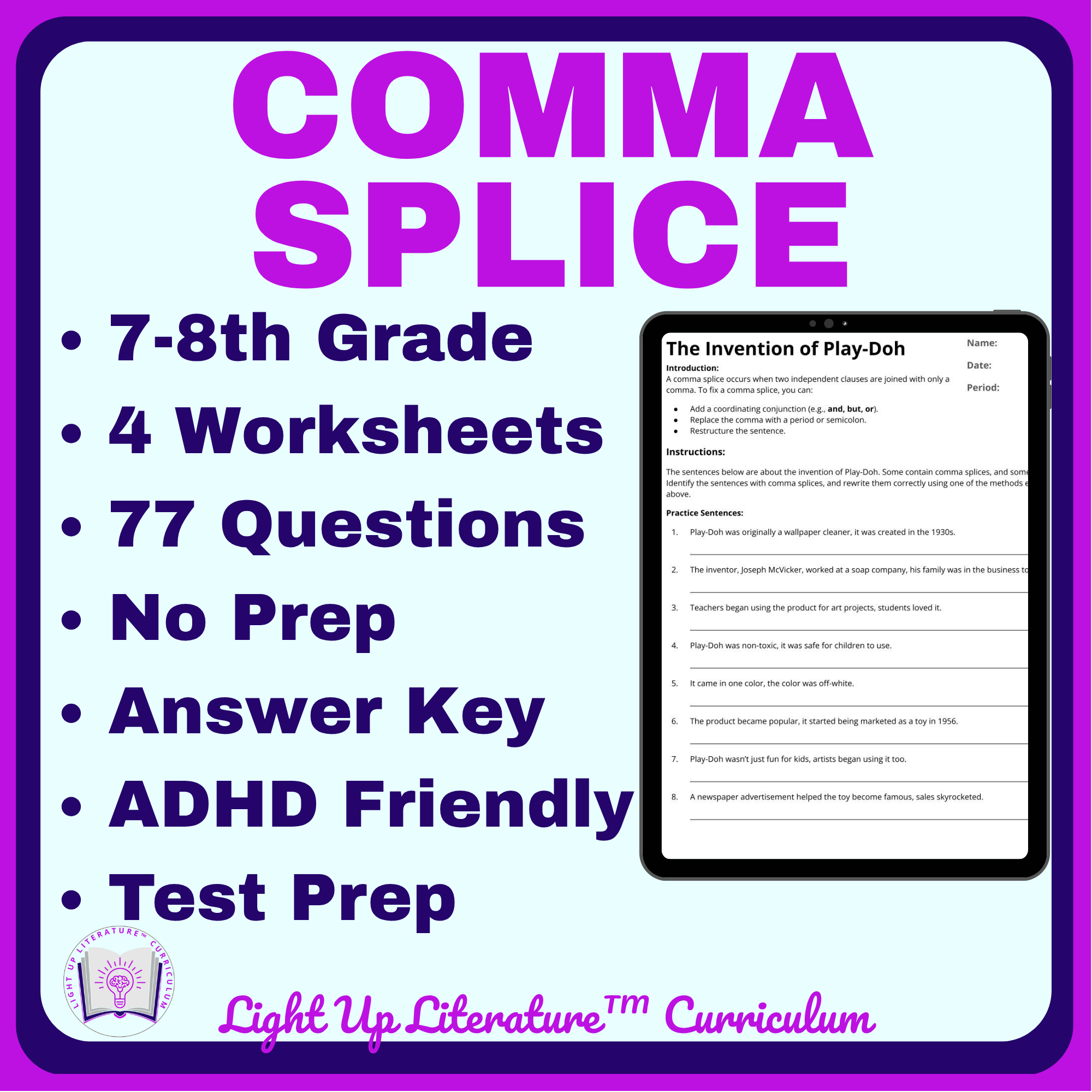 Comma Splice Worksheets Grades 7–8 | No-Prep Grammar