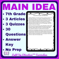 7th Grade Main Idea Worksheets | RI.7.2 Nonfiction Passages & Answer Key | No Prep