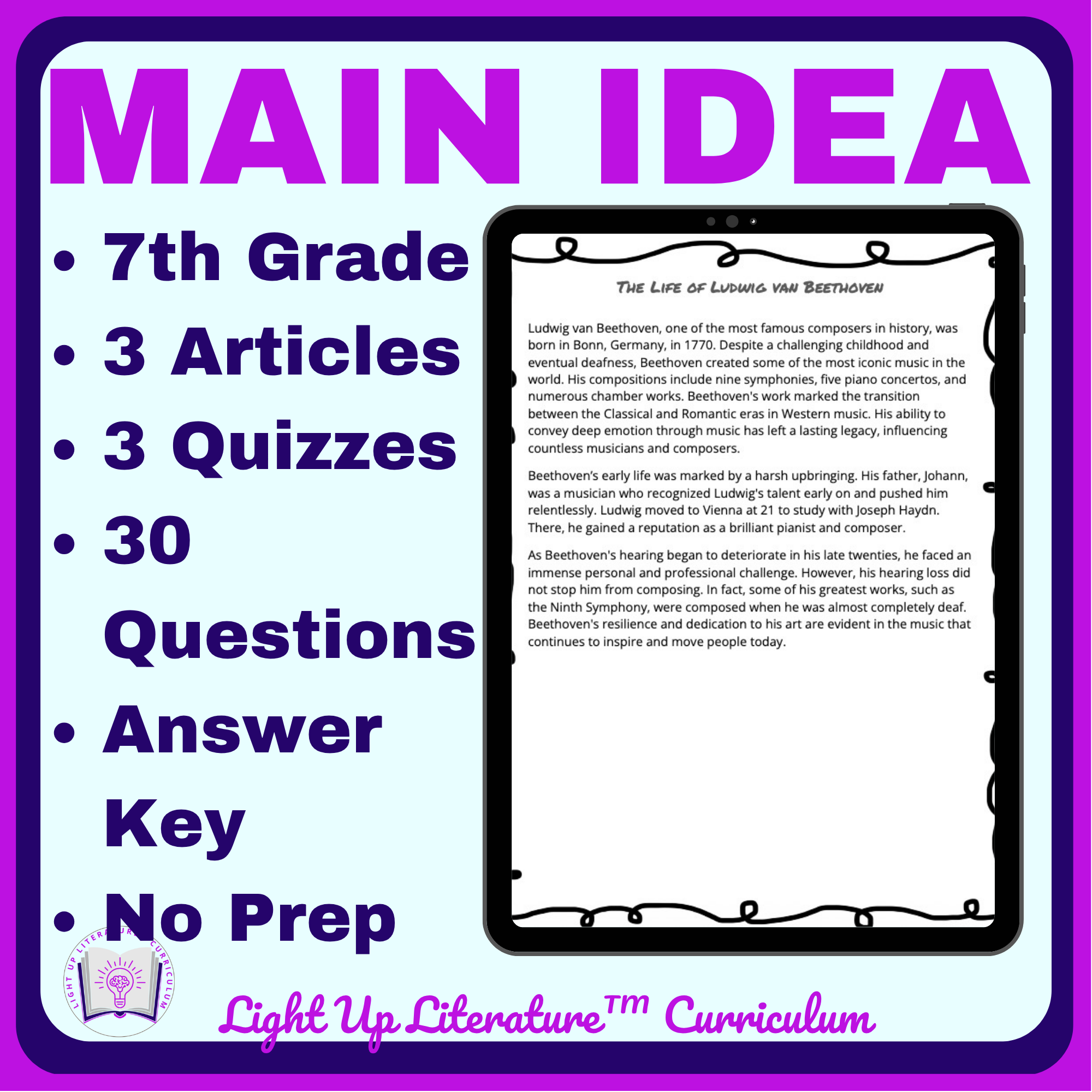 7th Grade Main Idea Worksheets | RI.7.2 Nonfiction Passages & Answer Key | No Prep
