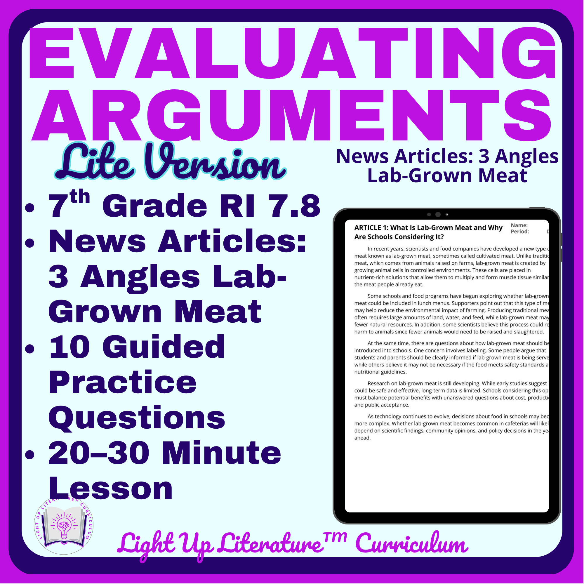7th Grade Evaluating Arguments Practice Paired Text Same Topic Different POV: News Articles: Lab-Grown Meat