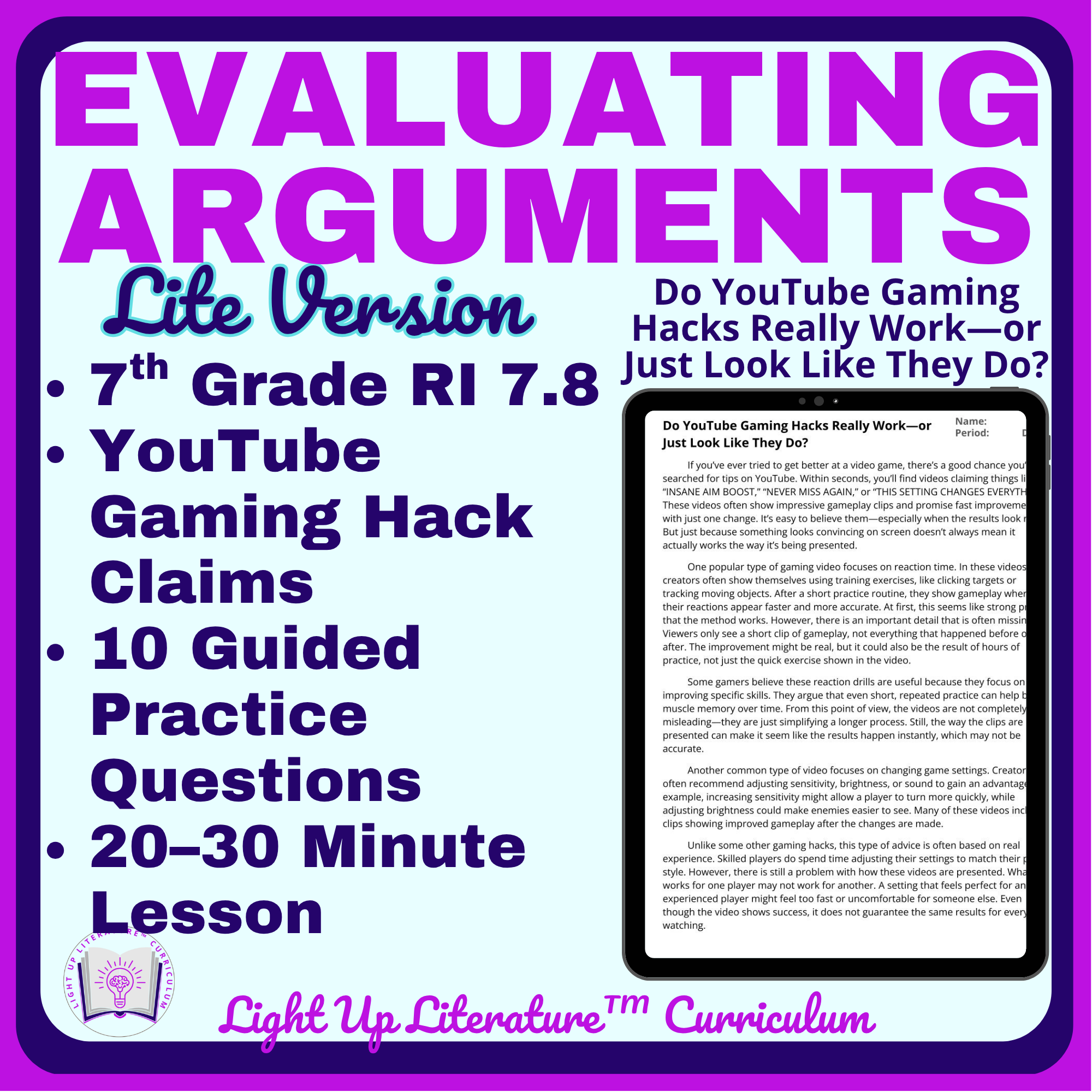 7th Grade Evaluating Arguments Practice | RI.7.8 YouTube Claims No Prep ELA YouTube Gaming Hacks
