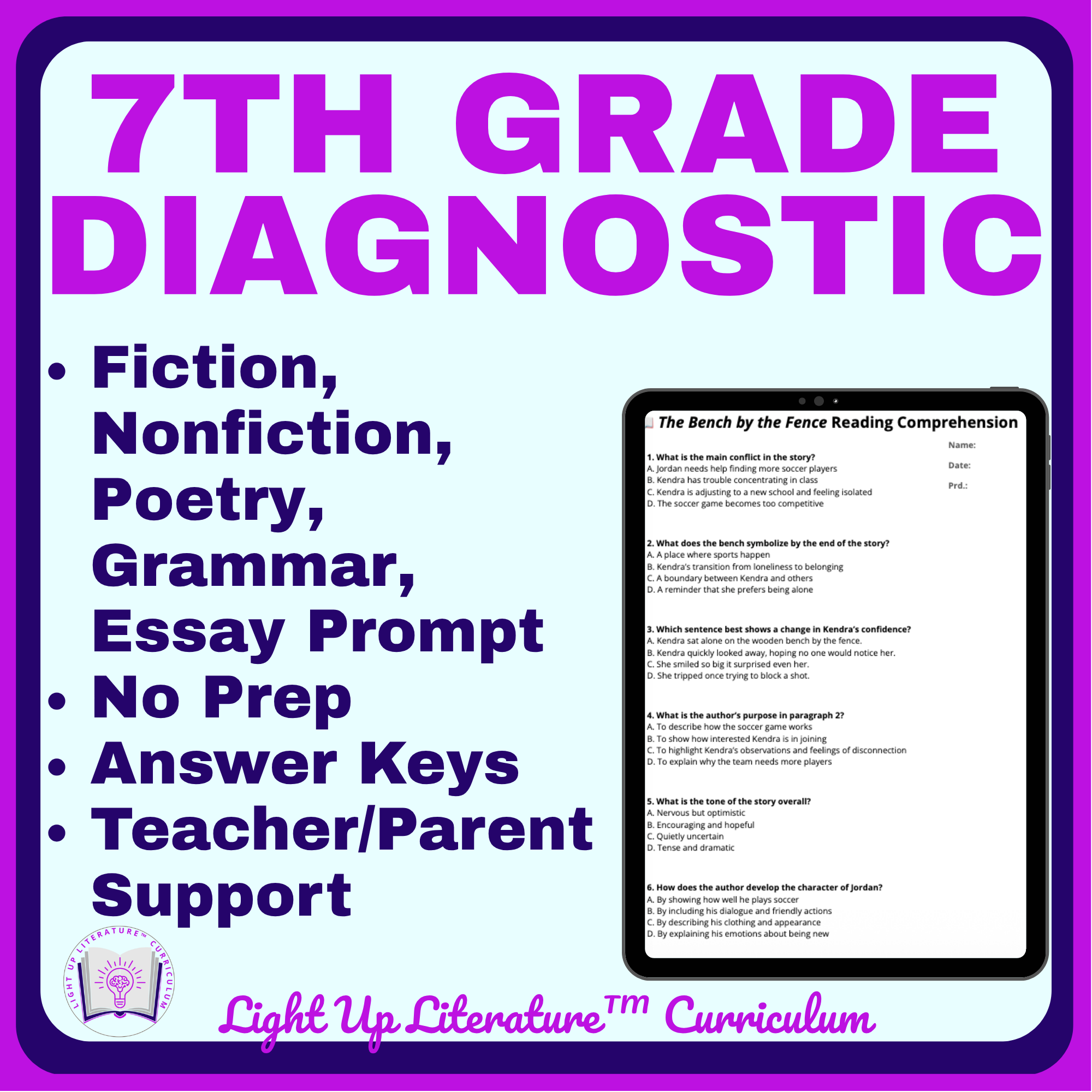 7th Grade ELA Diagnostic Assessment | Reading, Grammar, Poetry & Writing | Common Core Aligned