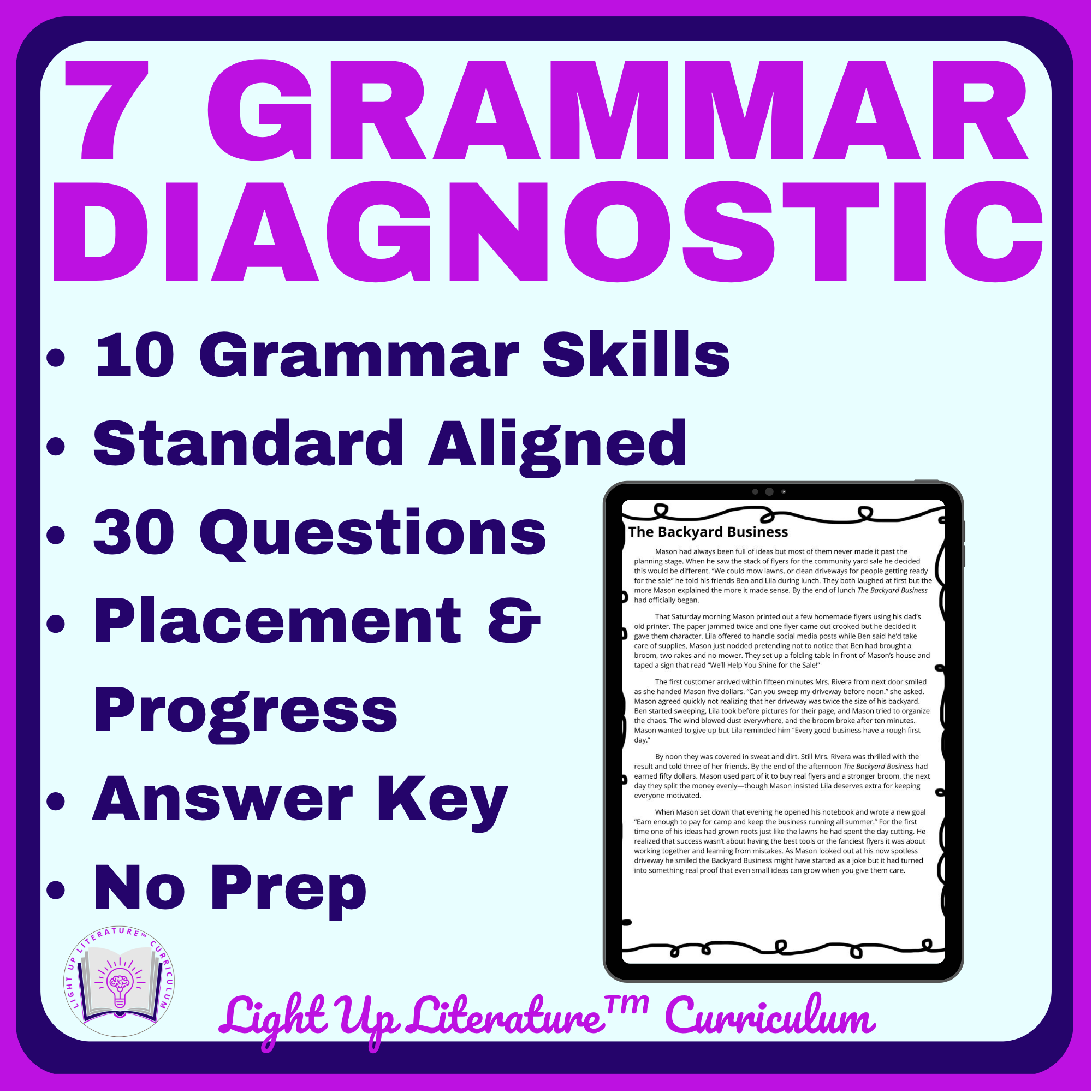 7th Grade Grammar Diagnostic Test | 30 Questions + Placement | Light Up Literature
