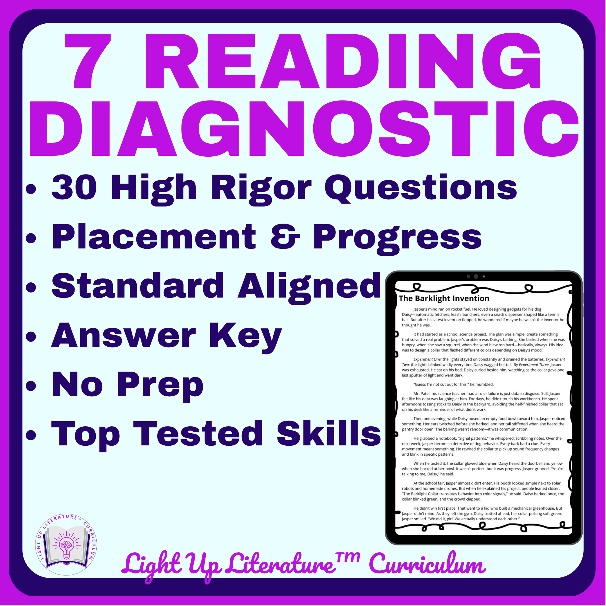 7th Grade Reading Diagnostic Test | Fiction & Nonfiction | Light Up Literature