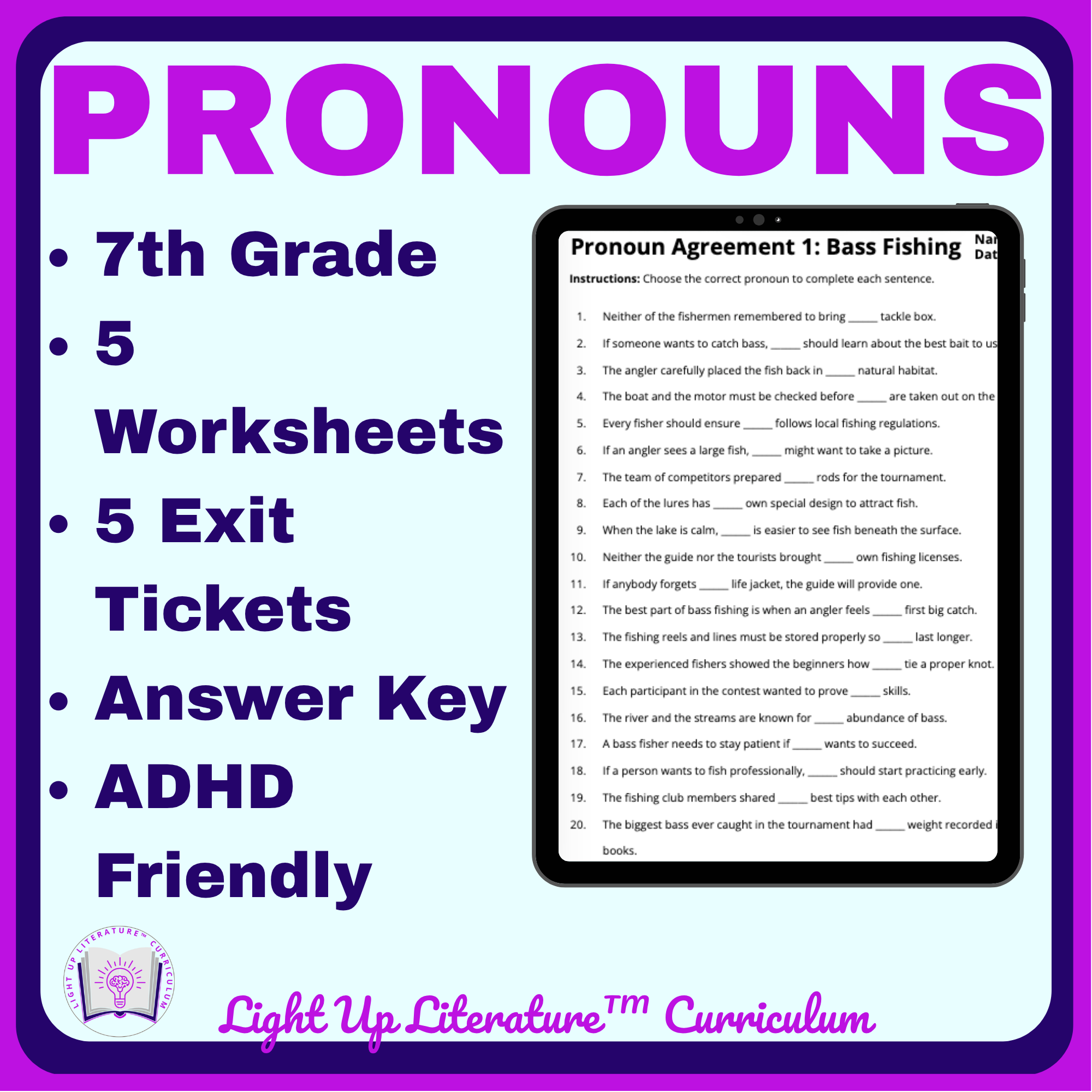 7th Grade Pronoun Agreement Worksheets | Grammar Test Prep | Light Up Literature