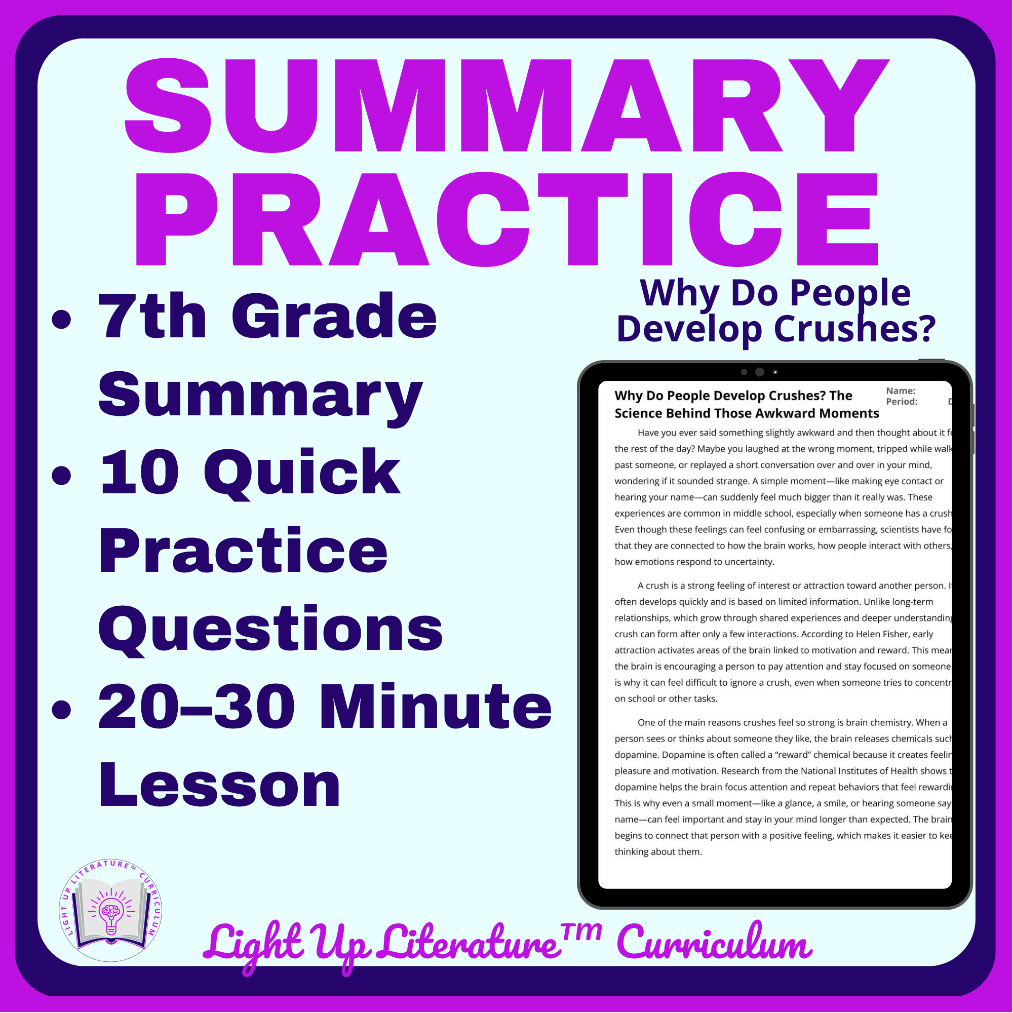 7th Grade Summarizing Practice RI.7.2 No Prep | Why Do People Develop Crushes?