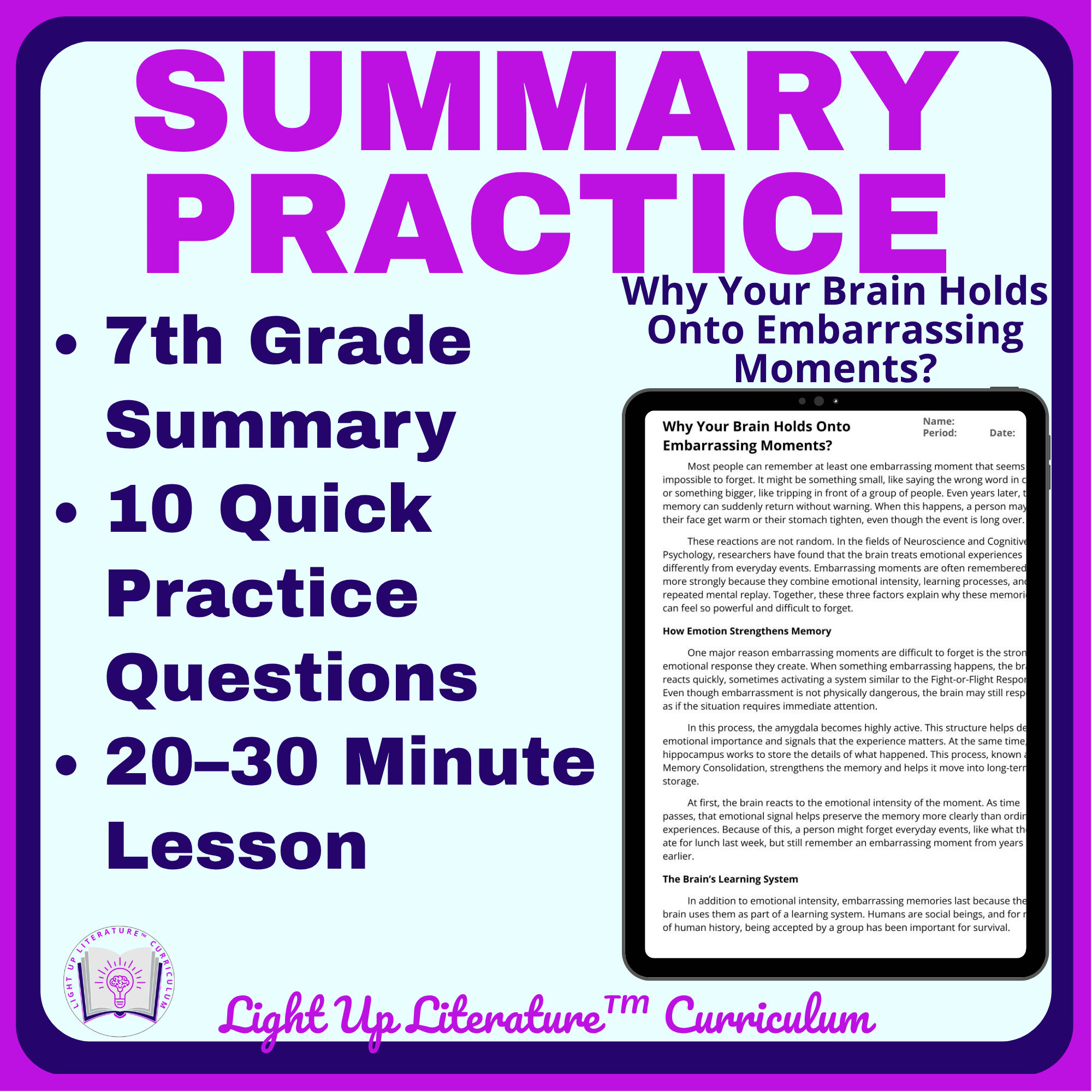 7th Grade Objective Summarizing Practice 7.2 No Prep Reading Comprehension: Brain Holding Embarrassing Moments