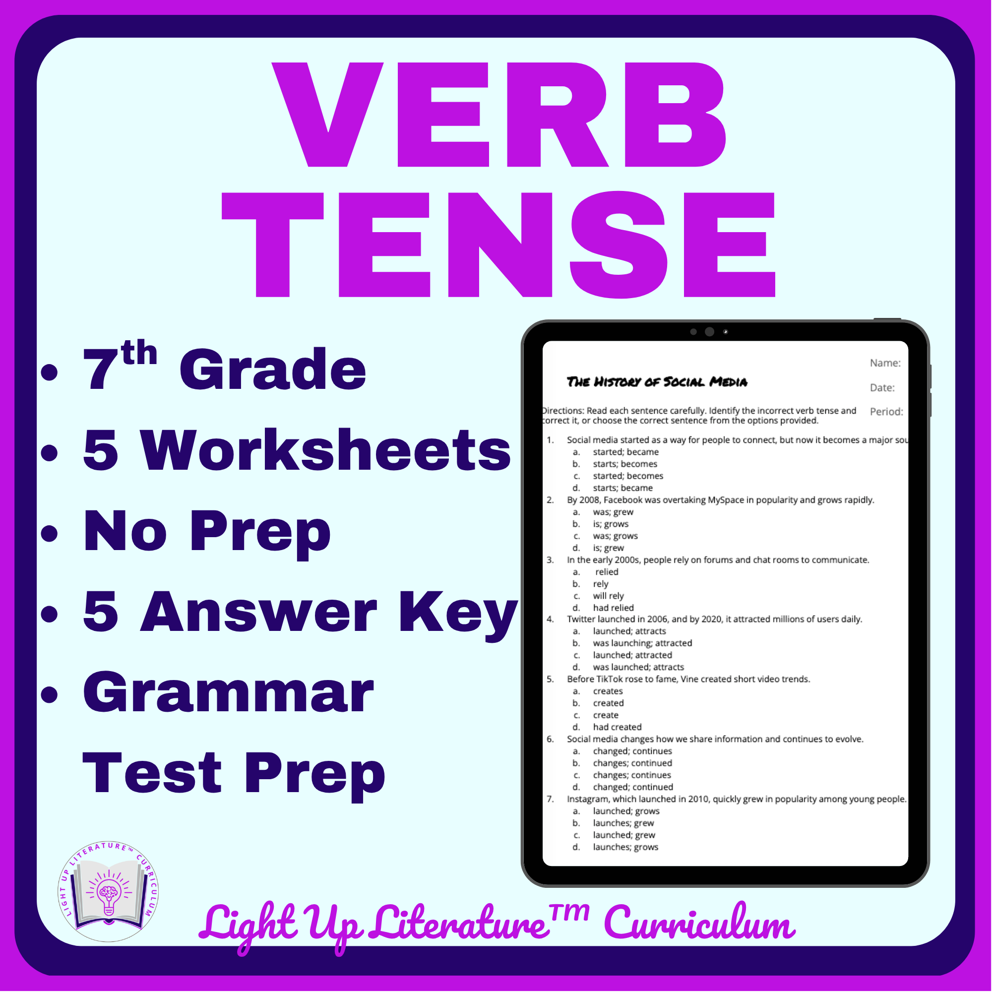 7th Grade Verb Tense Worksheets | No-Prep Grammar | Light Up Literature