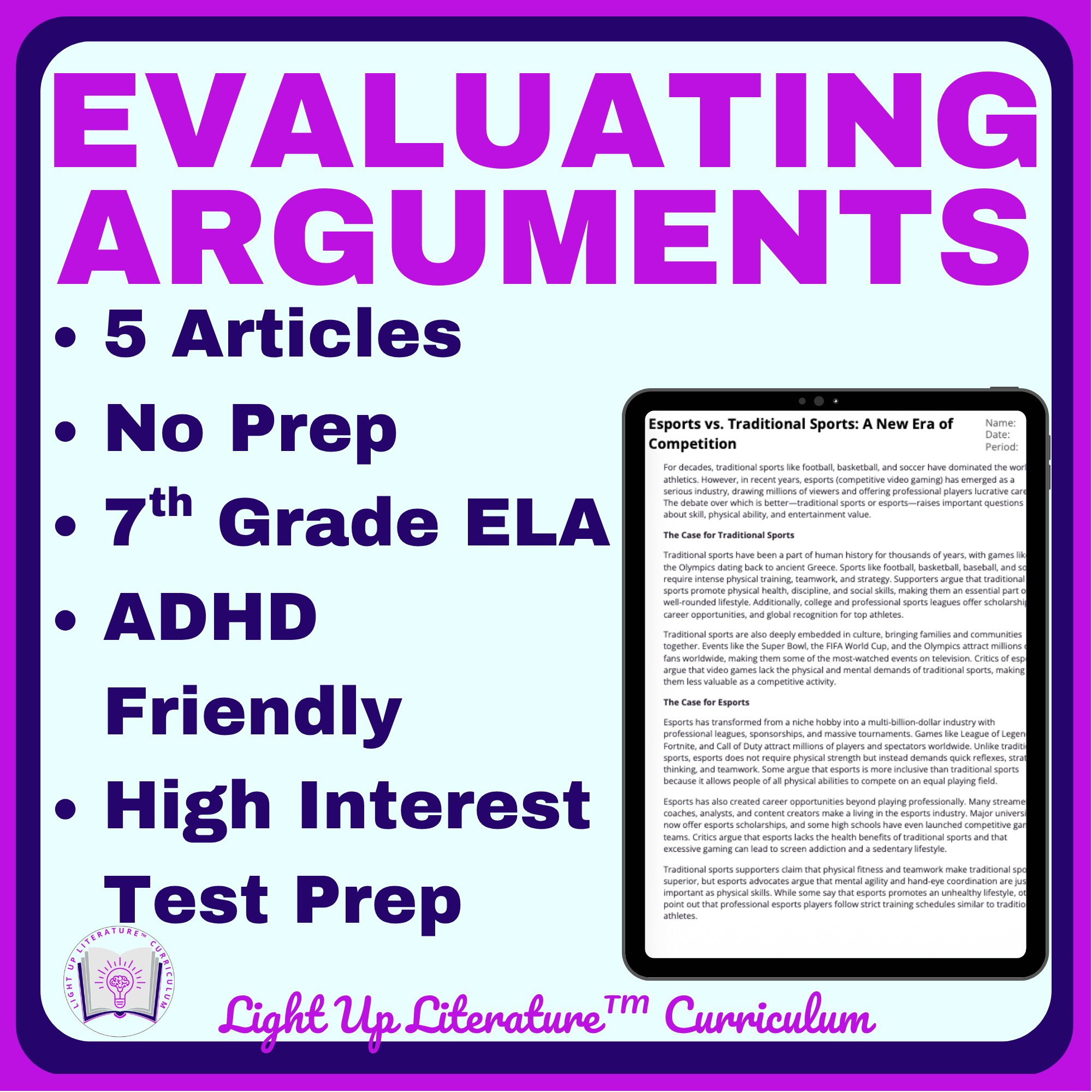 Evaluating Effective Arguments for 7th Graders No Prep ELA Test Prep