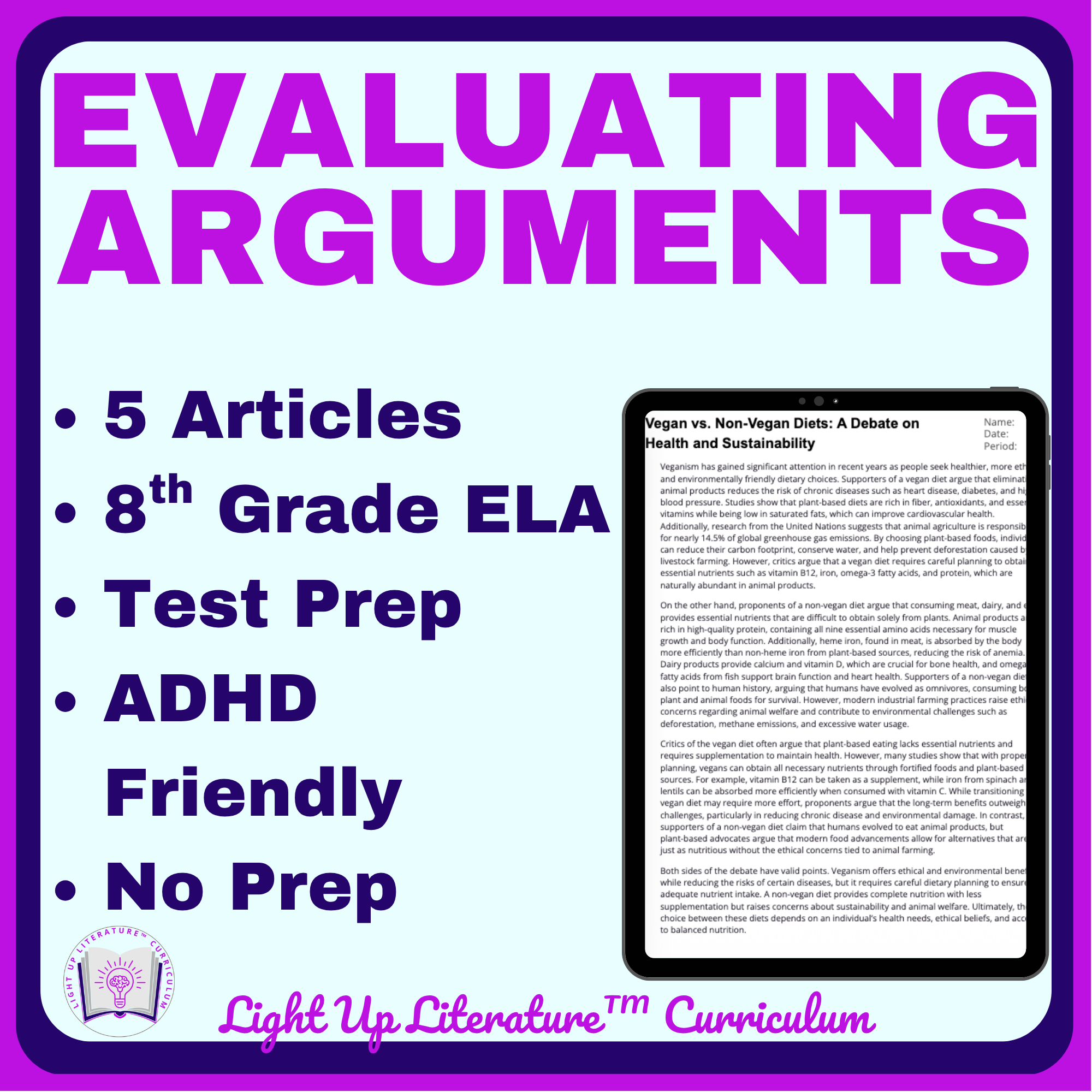 8th Grade Argument Analysis Worksheets | No-Prep ELA | Light Up Literature