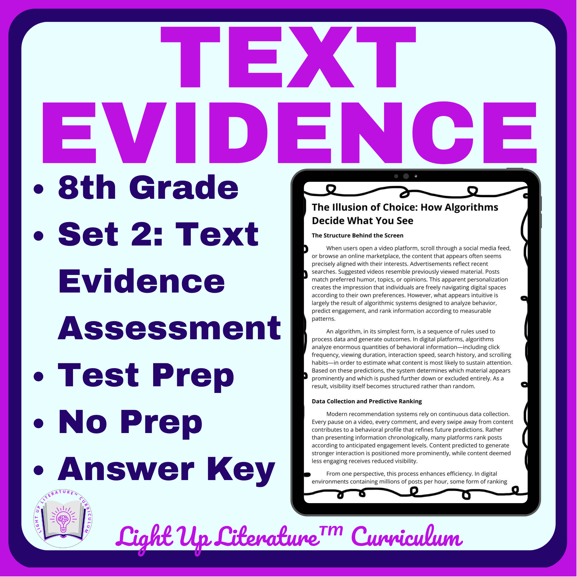 8th Grade Text Evidence Assessment Set 2 | Nonfiction | Light Up Literature