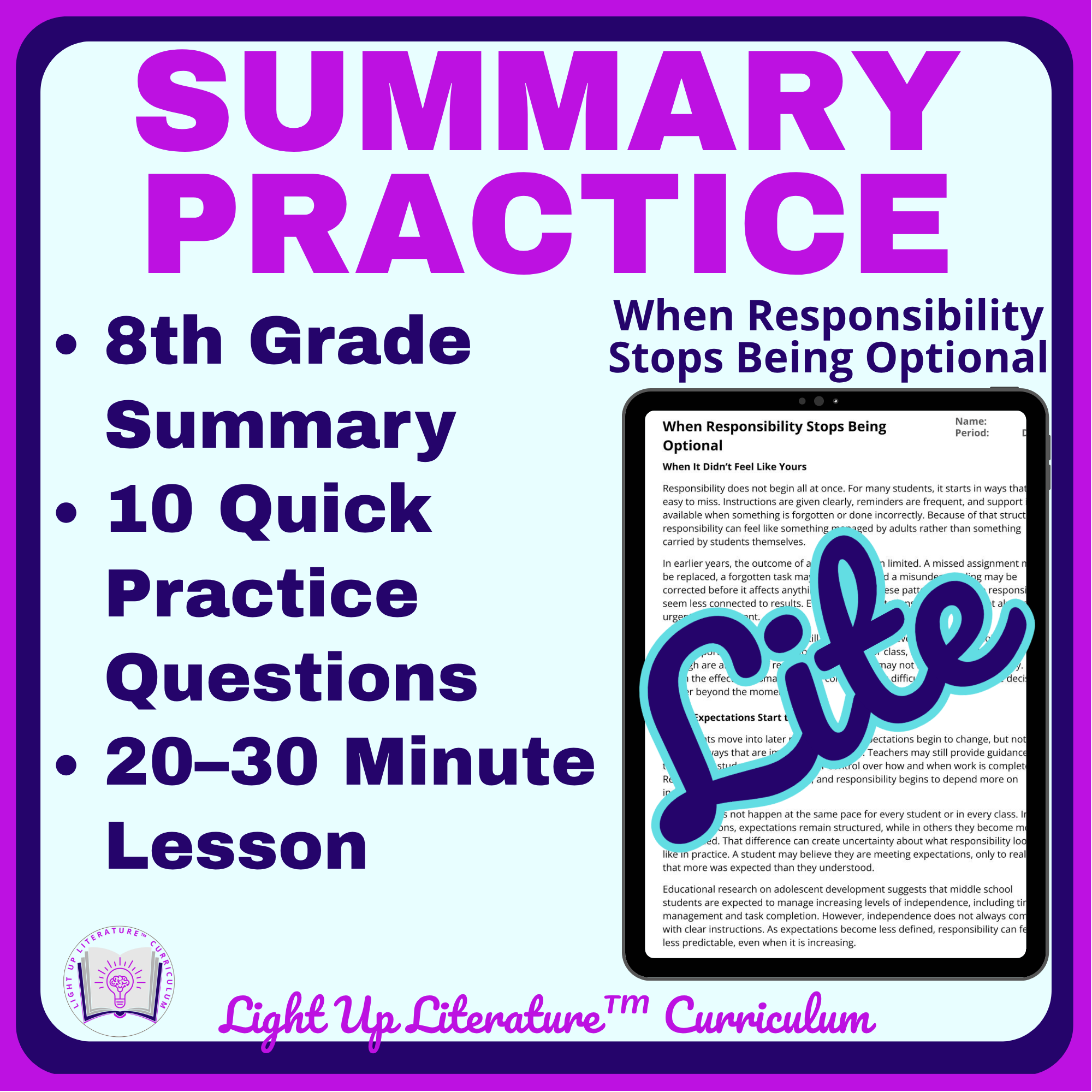 8th Grade Summarizing Nonfiction No Prep Test Prep Practice RI.8.2