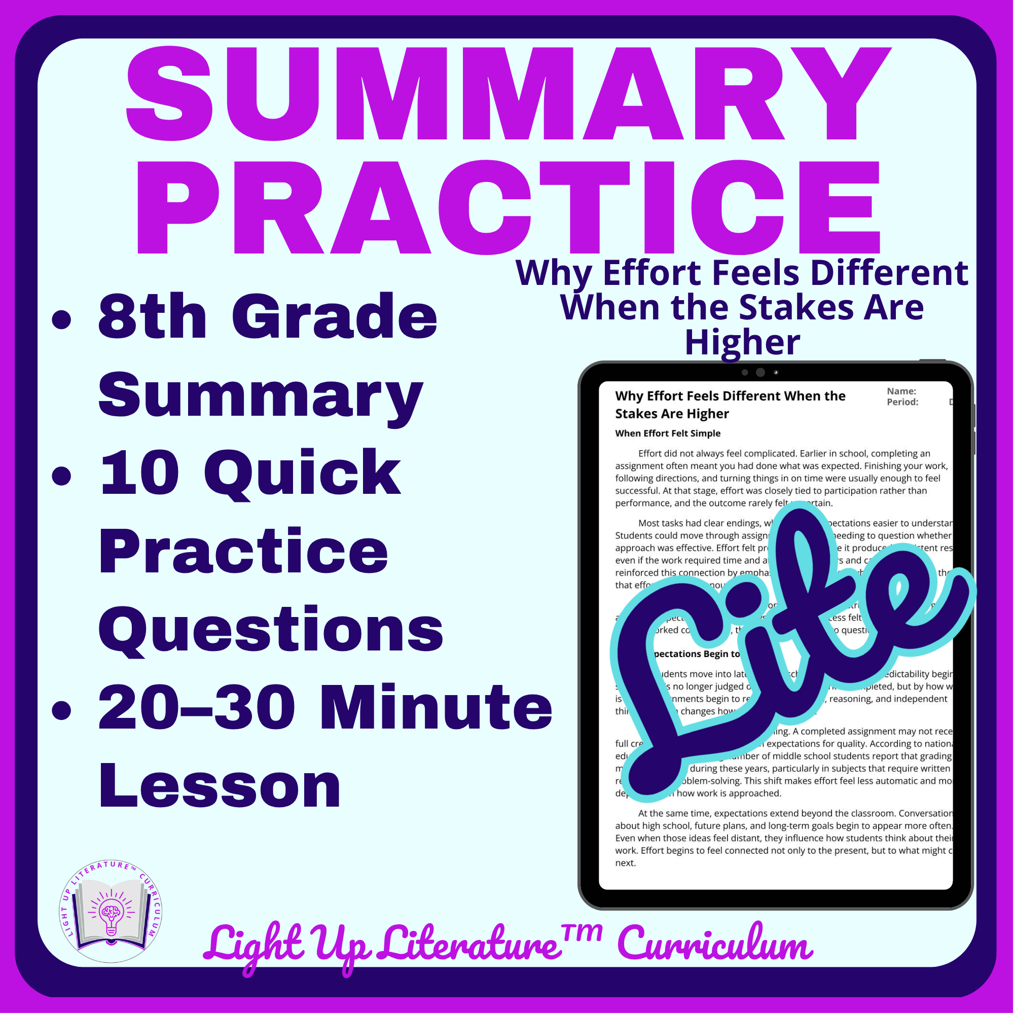 8th Grade Summary Practice RI.8.2 Central Idea & Summary Nonfiction No Prep Effort Feels Different