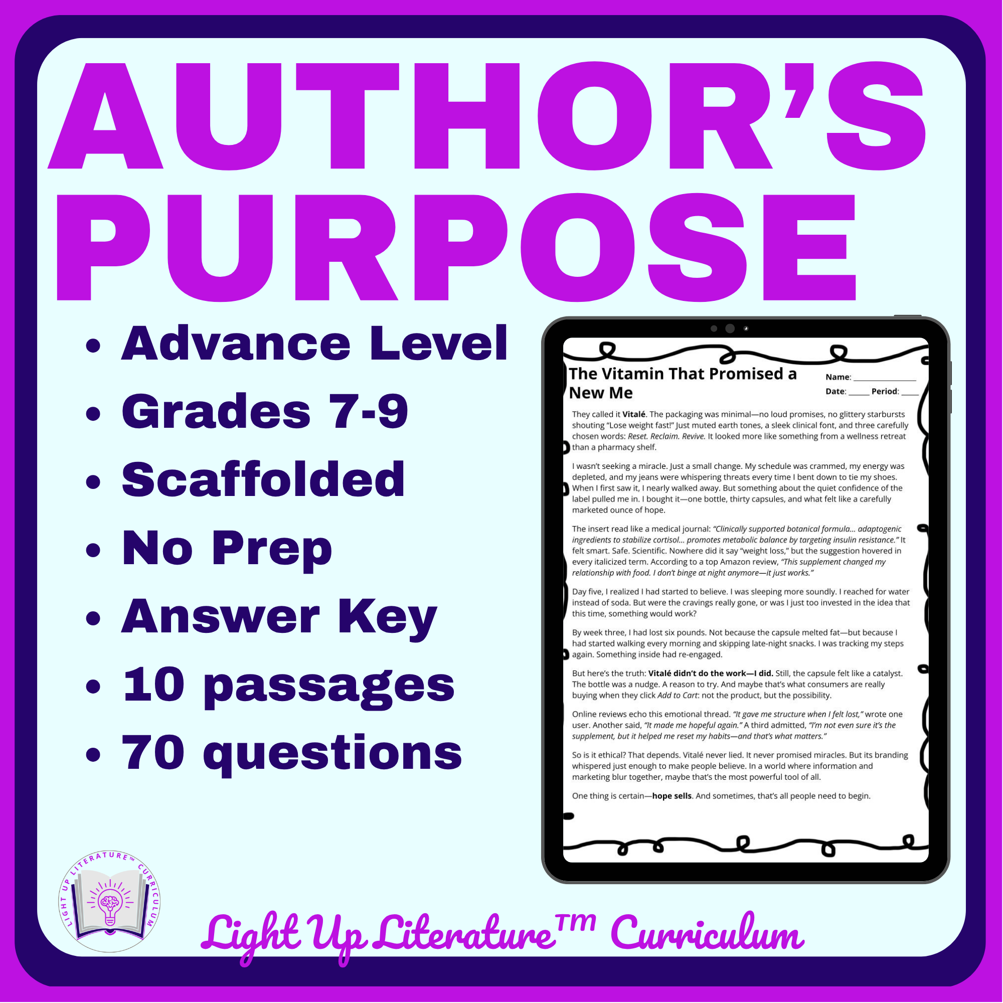 Advanced Author's Purpose Worksheets Grades 7–9 | Light Up Literature