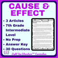 7th Grade Intermediate Cause & Effect Worksheets | 3 Nonfiction Articles | Light Up Literature