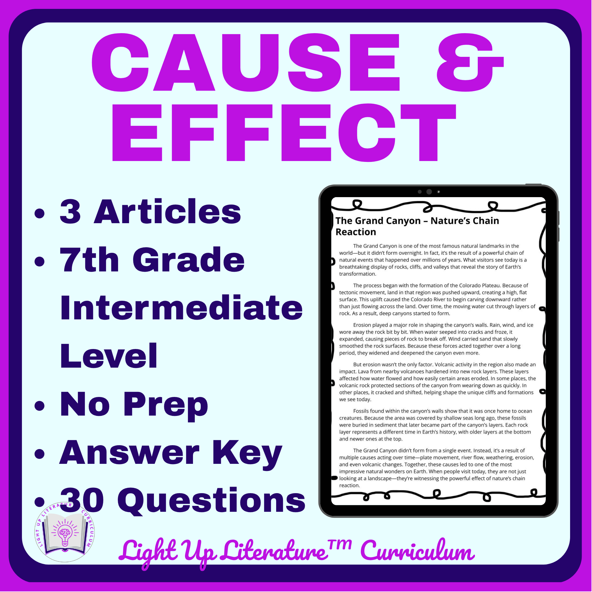 7th Grade Intermediate Cause & Effect Worksheets | 3 Nonfiction Articles | Light Up Literature