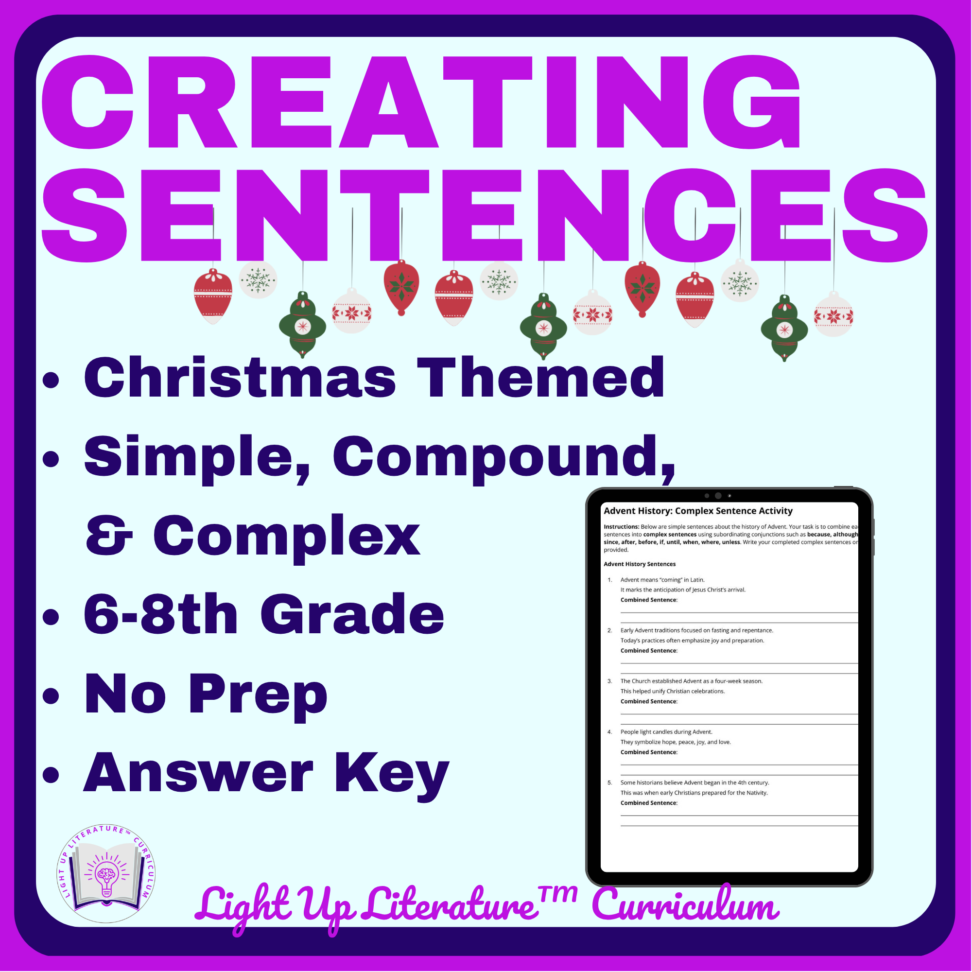 Christmas Sentence Structure Worksheets | Simple Compound Complex | Light Up Literature
