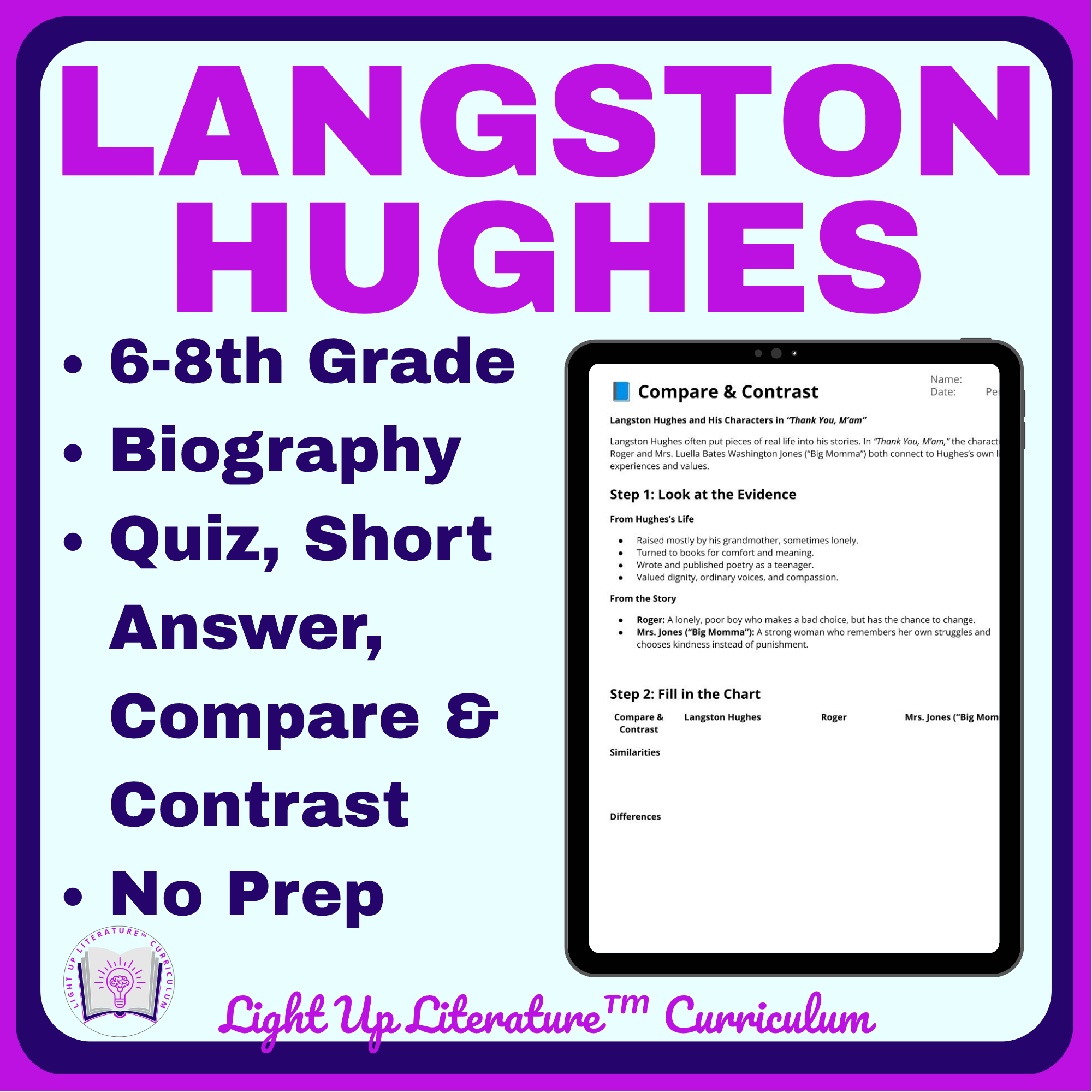 Langston Hughes Biography & Quiz | Thank You M'am ELA | Light Up Literature