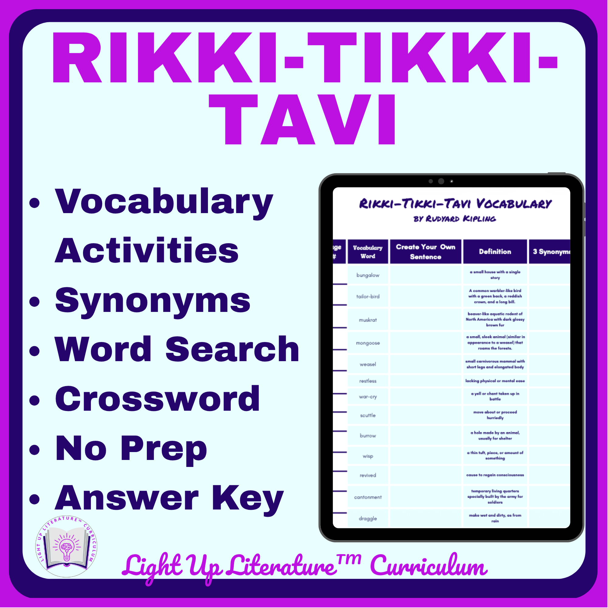 Rikki-Tikki-Tavi Vocabulary Activities | Synonyms, Word Search & Crossword | Grades 4–7