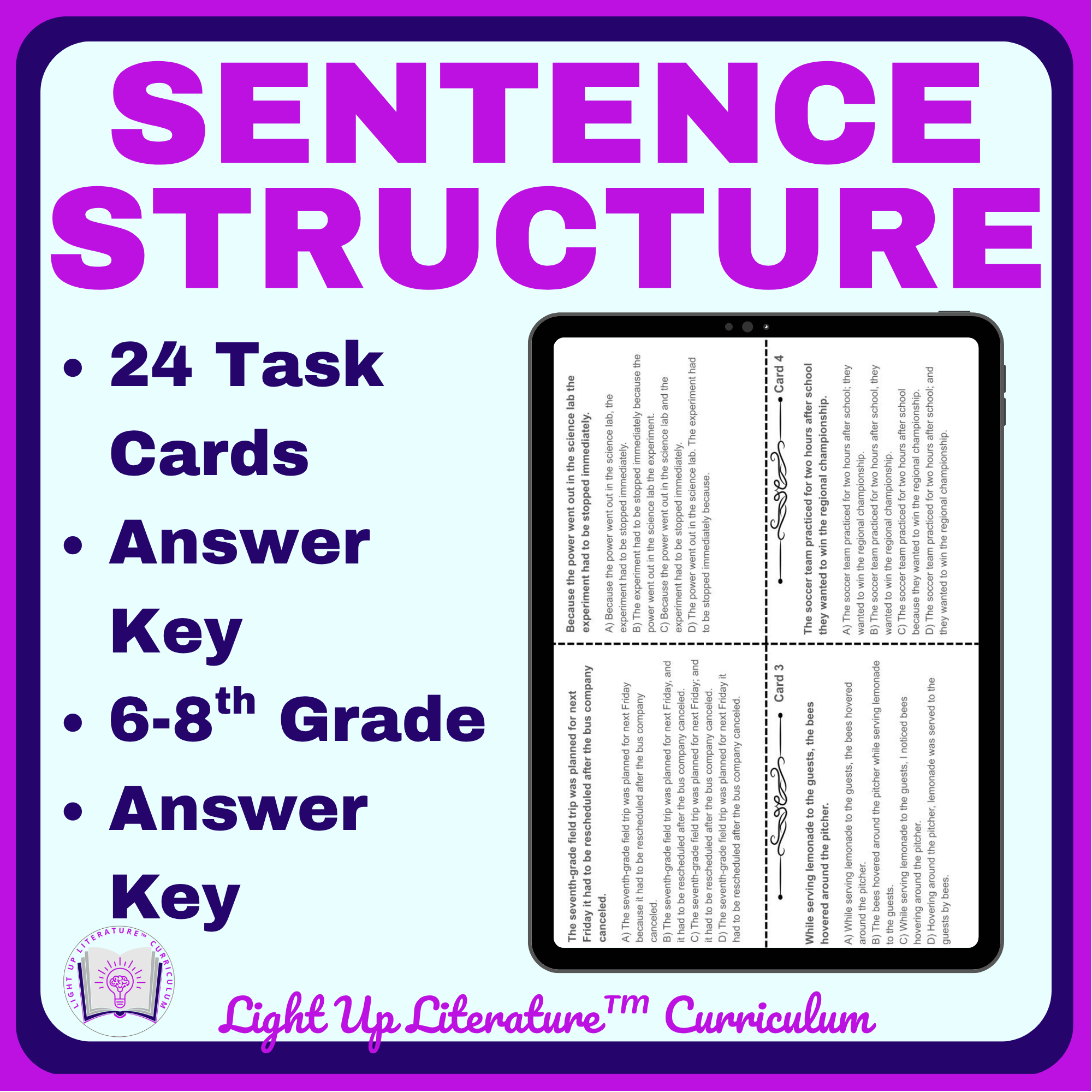 Sentence Structure Task Cards | Run-Ons, Fragments, Misplaced Modifiers | Light Up Literature
