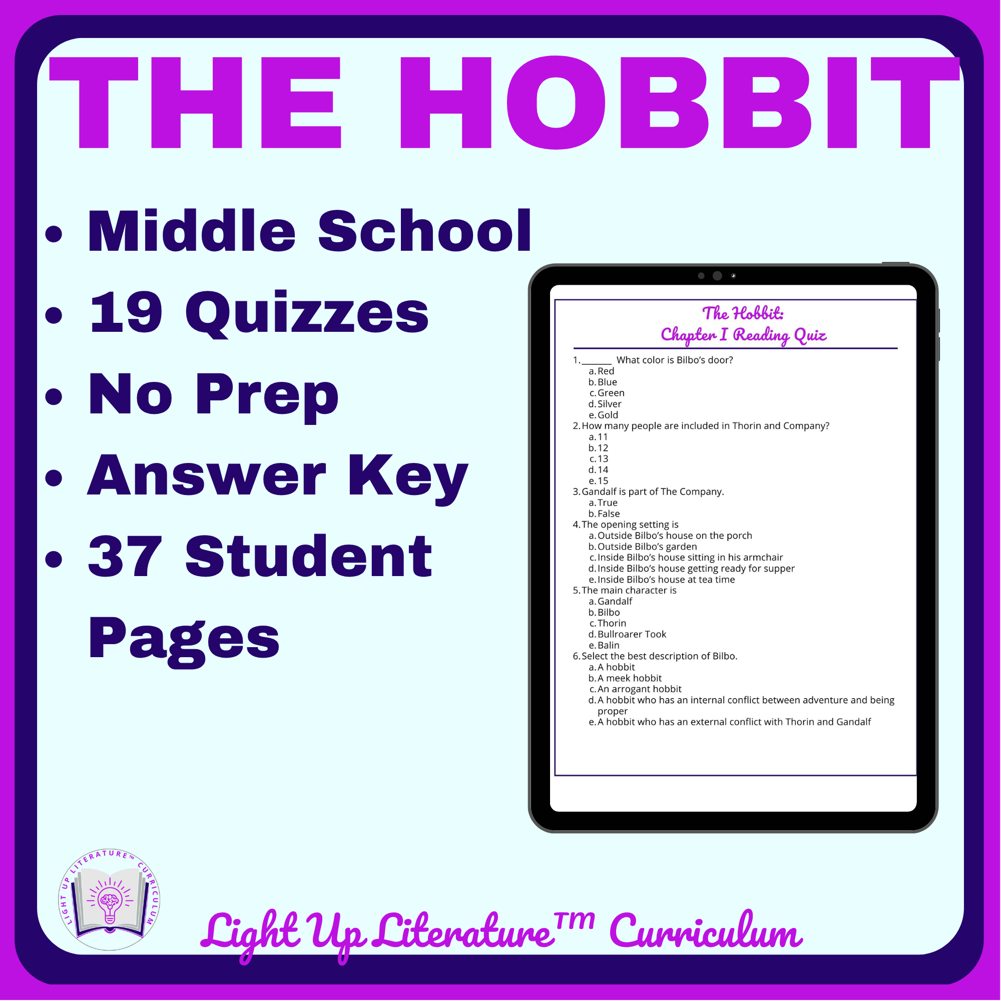 The Hobbit Chapter-by-Chapter Reading Quizzes | 19 Printable Comprehension Assessments | No Prep Middle School ELA