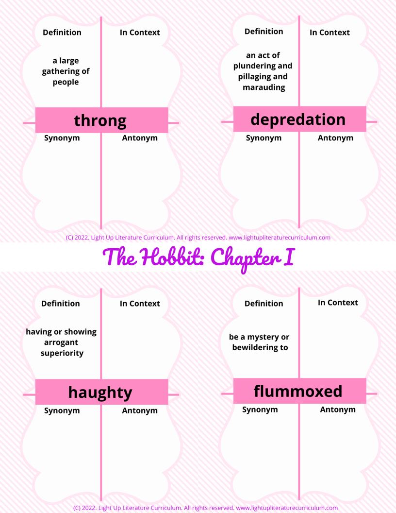 The Hobbit Vocabulary Worksheets | All 19 Chapters | Grades 6–8