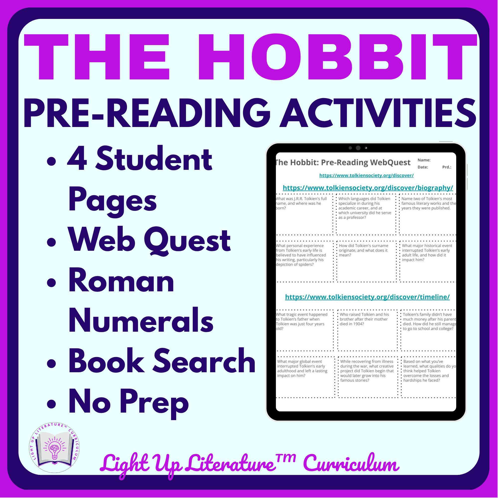 The Hobbit WebQuest Scavenger Hunt Pre-Reading Activities Middle School ELA